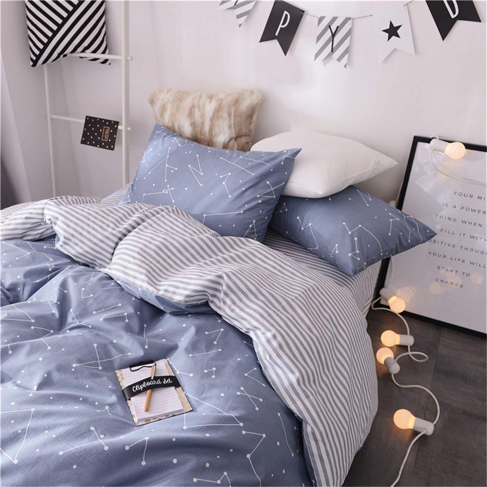 VM VOUGEMARKET 3 Piece Duvet Cover Set Full,100% Cotton Constellation Pattern Duvet Cover with 2 Pillowcases,Reversible Stripes 
