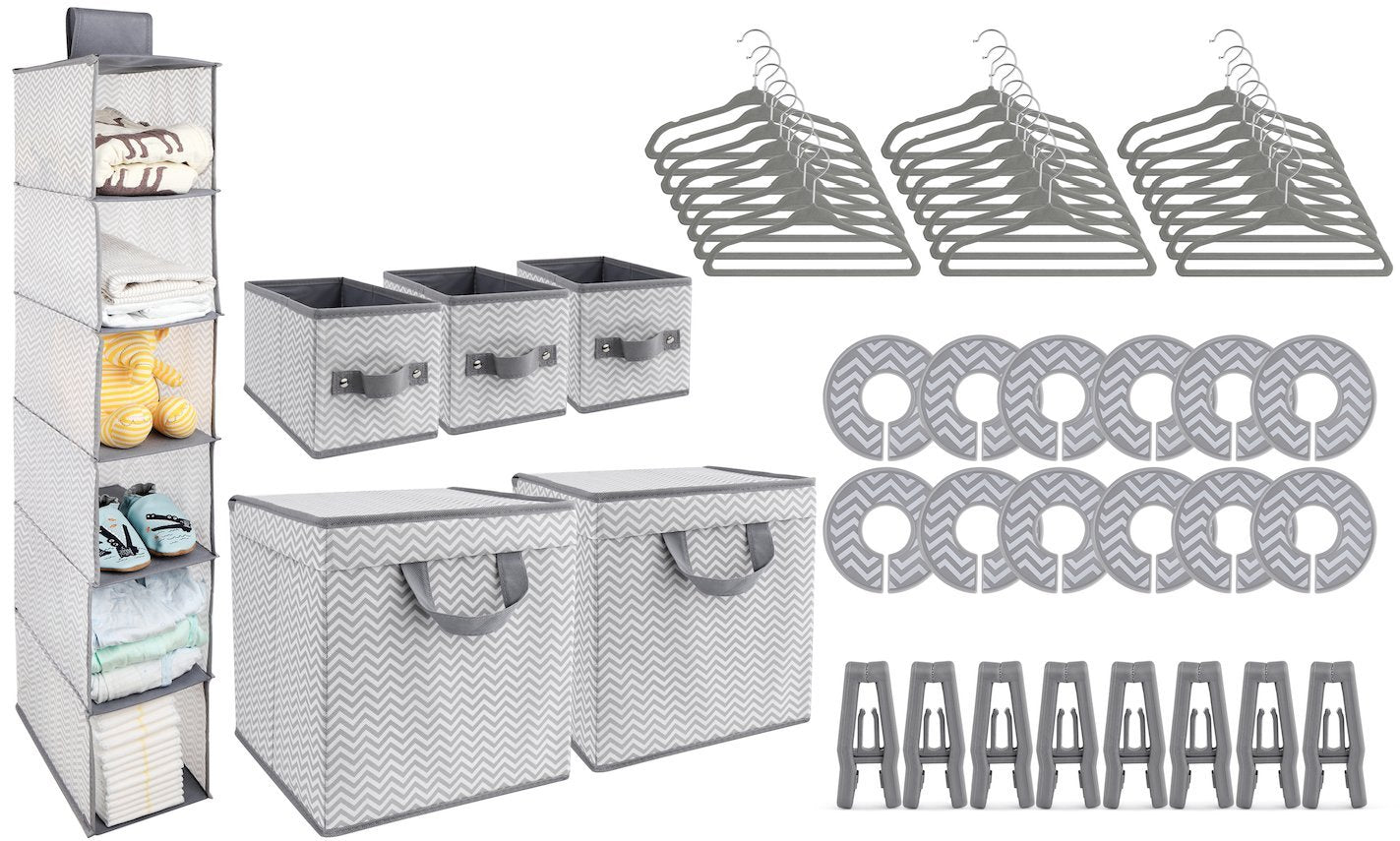 Goloho Nursery Organizer And Storage Closet Set (50 Pieces), Chevron Pattern, Grey And White