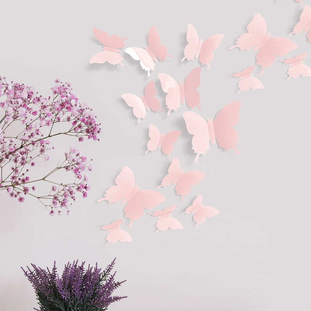Cute Pink Butterfly Wall Decor 24 Pcs, Girls Room Wall Decals, Danish Pastel Aesthetic Butterflies Stickers For Nursery Decorati