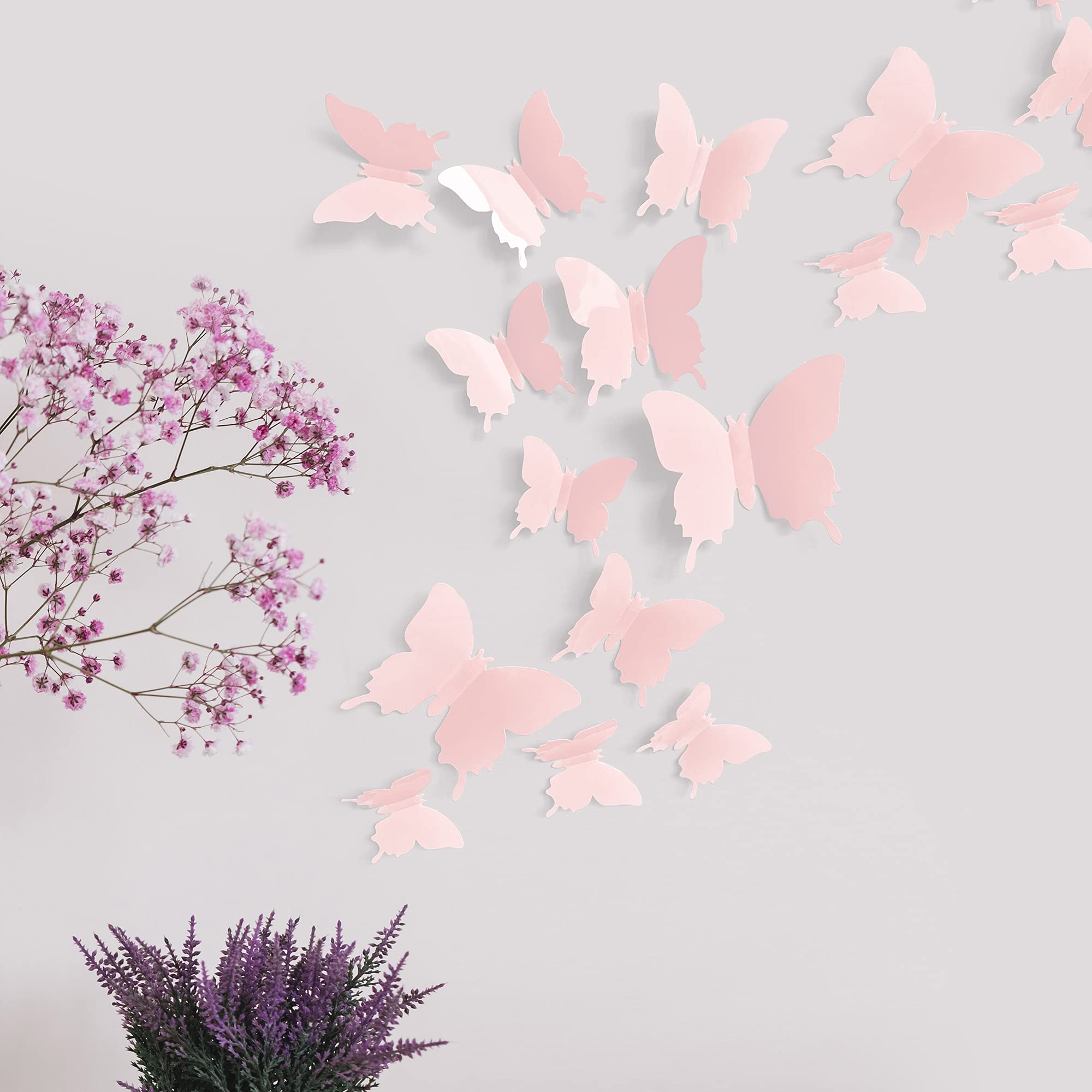 Cute Pink Butterfly Wall Decor 24 Pcs, Girls Room Wall Decals, Danish Pastel Aesthetic Butterflies Stickers For Nursery Decorati