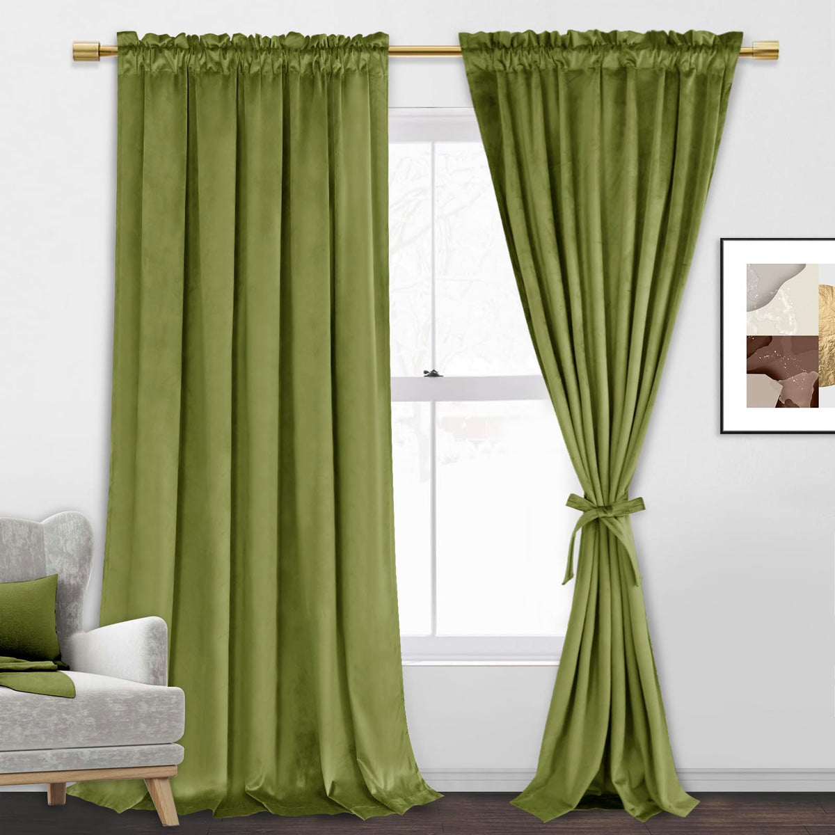 Jiuzhen Moss Green Velvet Curtains 90 Inches For Living Room - Privacy Protect Room Darkening Rod Pocket Thick Velvet Window Dra