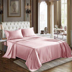 Cozylux Satin Sheets King Size - 4 Piece Pink Bed Sheet Set With Silky Microfiber, 1 Deep Pocket Fitted Sheet, 1 Flat Sheet, And