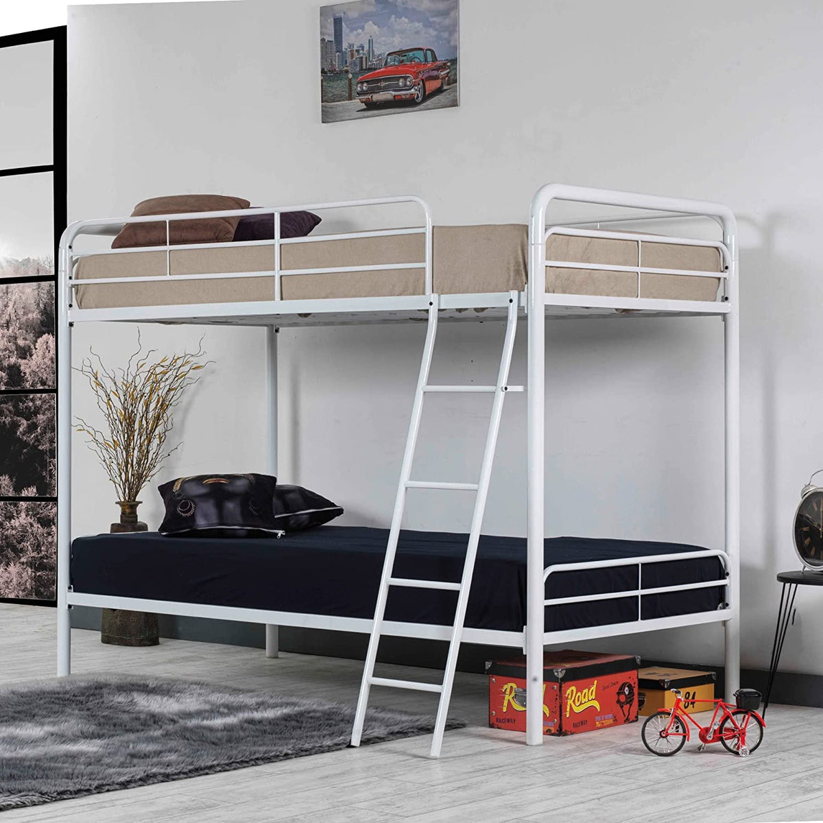 Woodpeckers Furniture And Mattress Twin Over Twin Metal Bunk Bed (White)