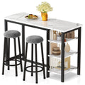 Awqm Bar Table Set With Storage Shelves, 47' Modern White Faux Marble Breakfast Table With 2 Velvet Stools, 3-Piece Dining Set For 2, Space Saving Table For Kitchen/Dining Room/Living Room/Studio
