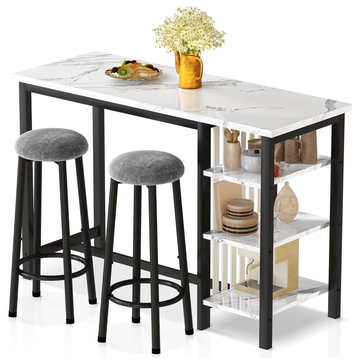 Awqm Bar Table Set With Storage Shelves, 47' Modern White Faux Marble Breakfast Table With 2 Velvet Stools, 3-Piece Dining Set For 2, Space Saving Table For Kitchen/Dining Room/Living Room/Studio