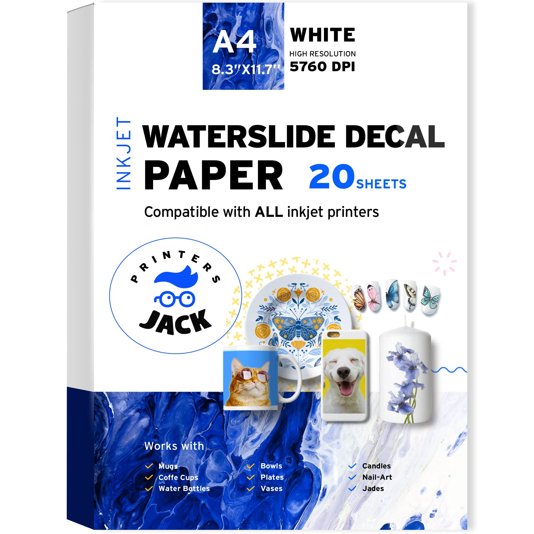 Printers Jack Water Slide Decal Paper Inkjet White 20 Sheets A4 Size Premium Water-Slide Transfer Paper Printable Water Slide De