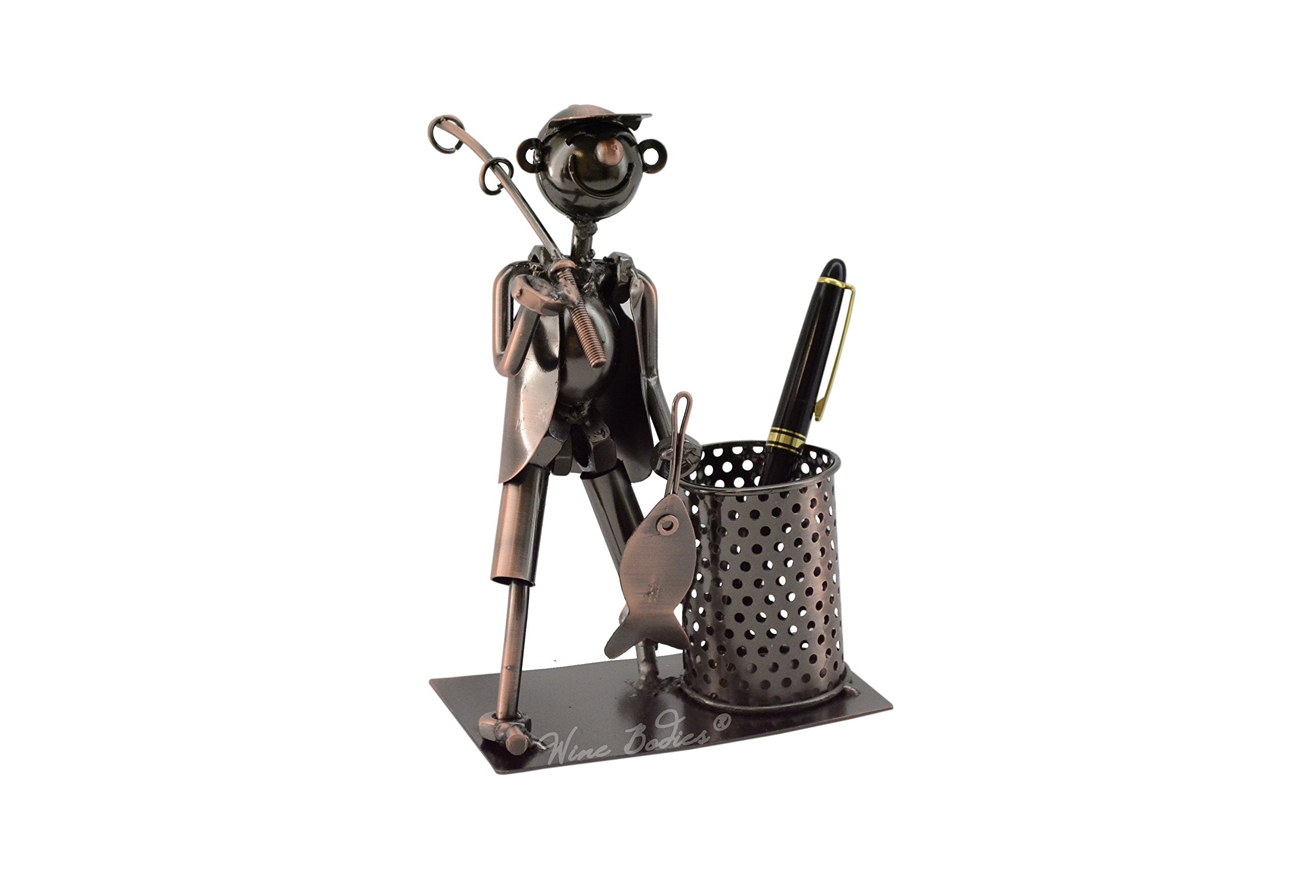 Wine Bodies Handmade Fisherman With Fishing Pole And Fish Metal Pen Or Pencil Holder