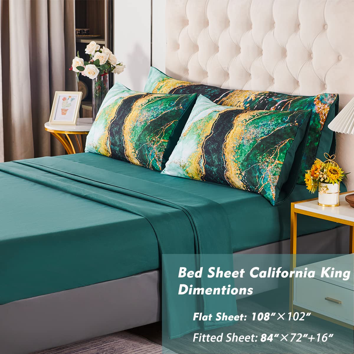 Perfemet 6 Piece Bed In A Bag California King Green Watercolor Marble Printed Comforter With Sheets Colorful Stylish Retro Artwo