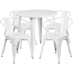 Flash Furniture Commercial Grade 30" Round White Metal Indoor-Outdoor Table Set with 4 Arm Chairs