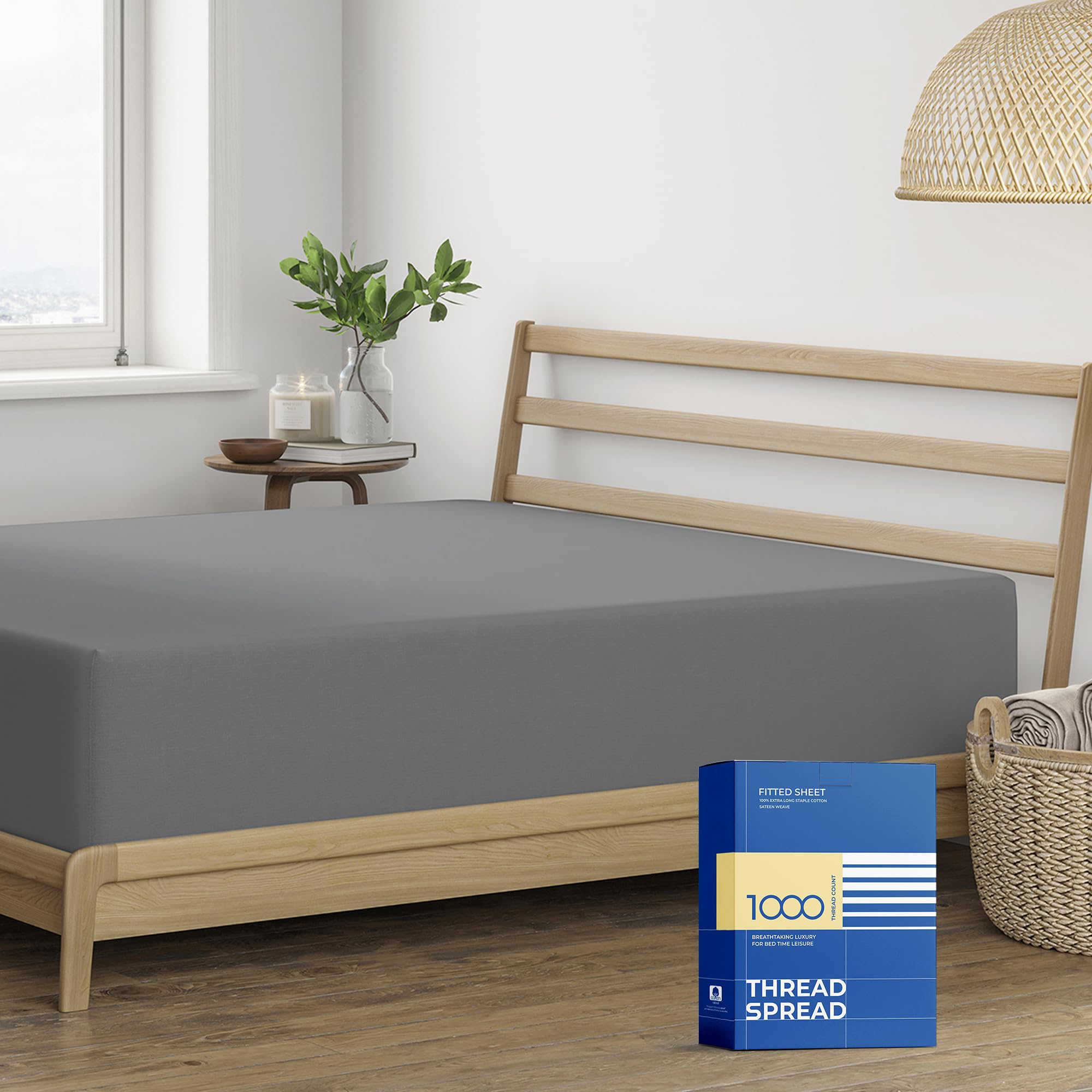 Thread Spread Luxury Egyptian Cotton King Fitted Sheet Only - 1000-Thread-Count 16' Deep Pocket King Fitted Sheet, Soft, Cooling, Sateen Weave, Extra Long Staple King Size Fitted Sheet - Dark Grey