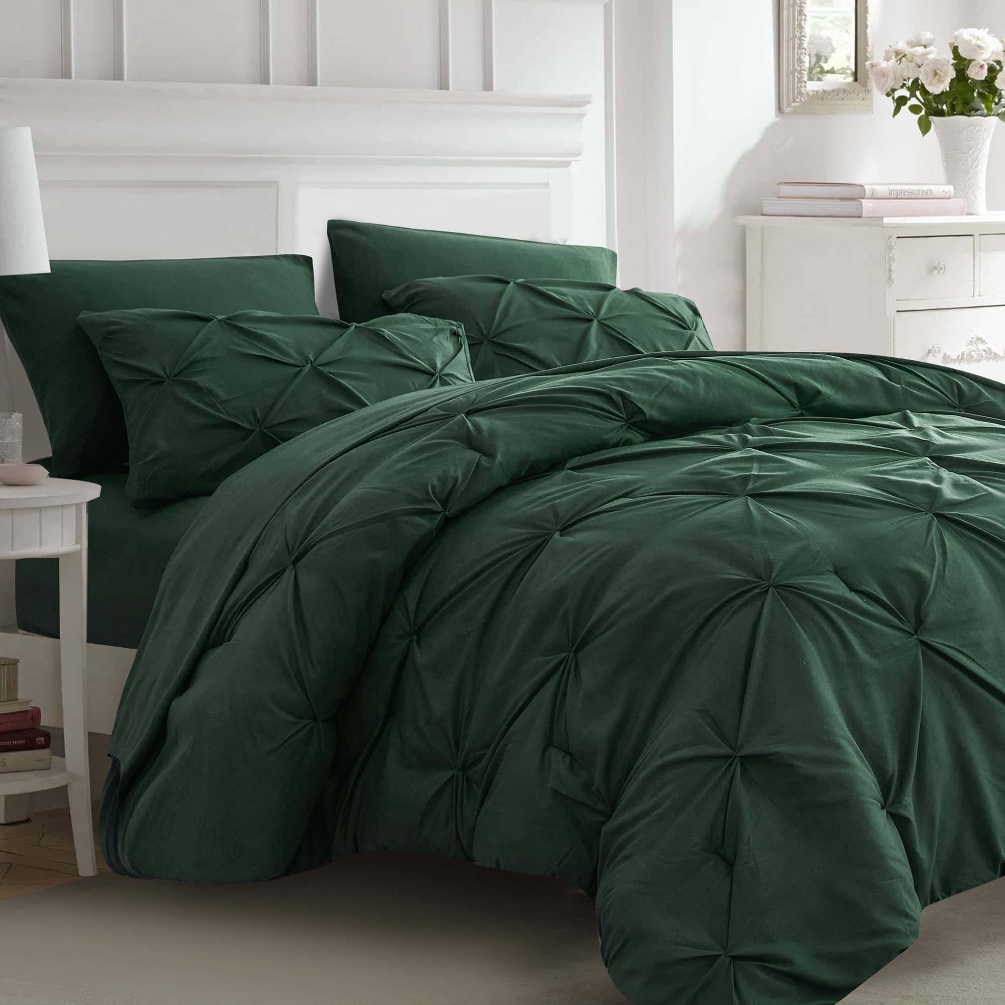 Ubauba 7Pc Dark Green Comforter Set Queen Size, Hunter Green Pintuck Bed In A Bag 7 Piece, All Season Emerald Pinched Pleat Bedd