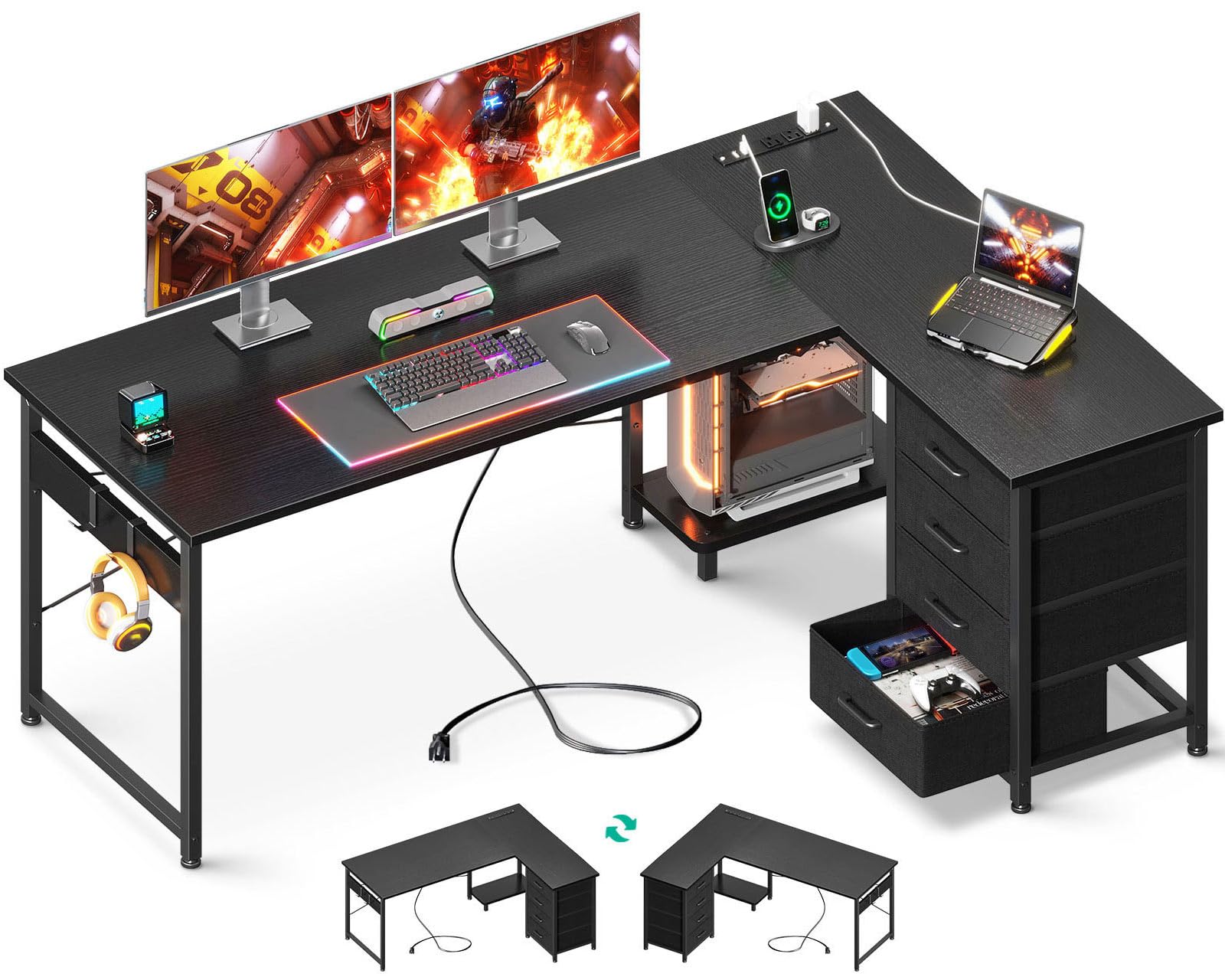 Aodk L Shaped Gaming Desk With 4 Drawers, 61' Reversible Home Office Desks With Power Outlets, L Shaped Computer Desk With Usb Charging Port And Host Stand, Corner Desk, Easy To Assemble, Black