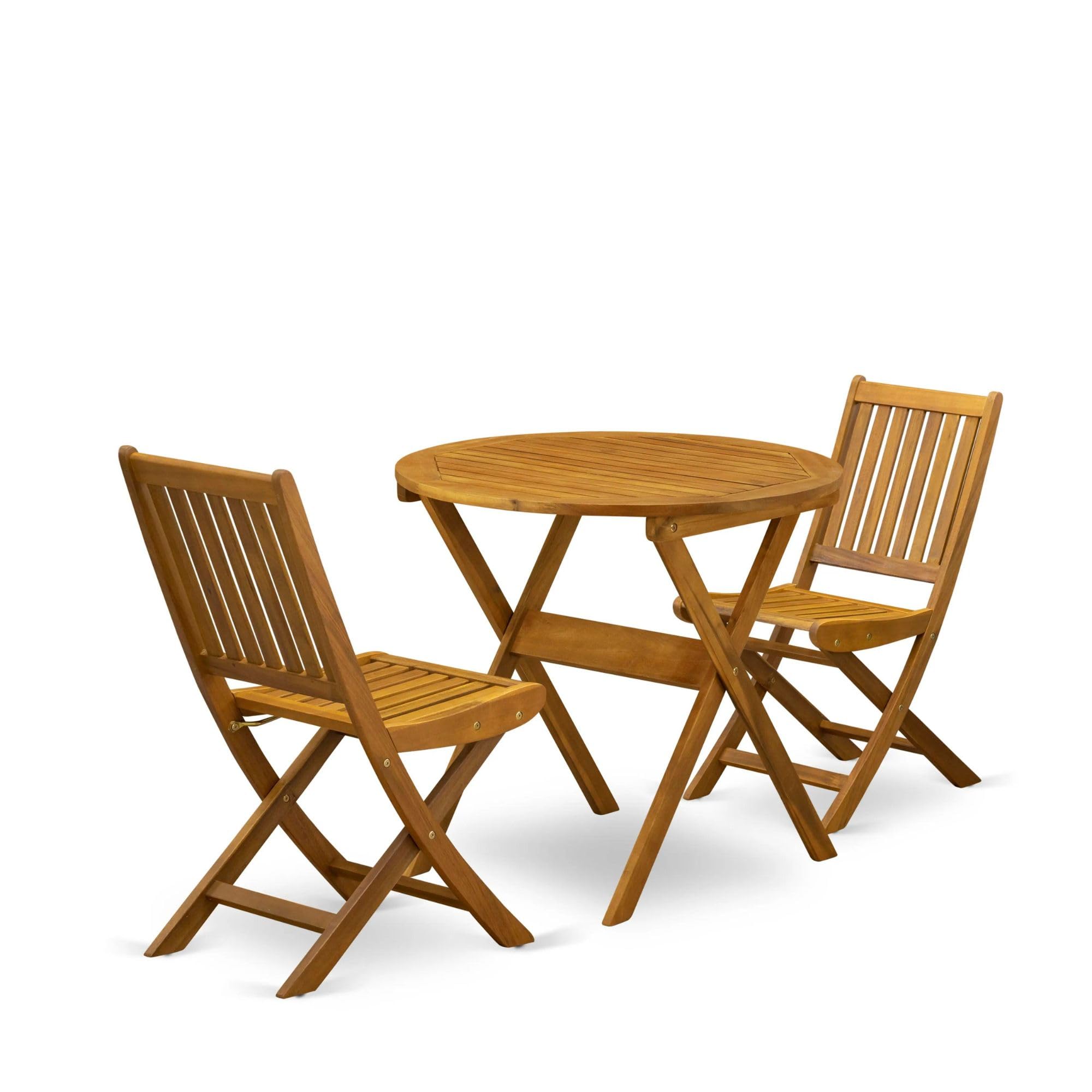 East West Furniture MNDK3CWNA Marion 3 Piece Patio Bistro Set Contains a Round Outdoor Acacia Wood Coffee Table and 2 Folding Side Chairs, 30x30 Inch, Natural Oil