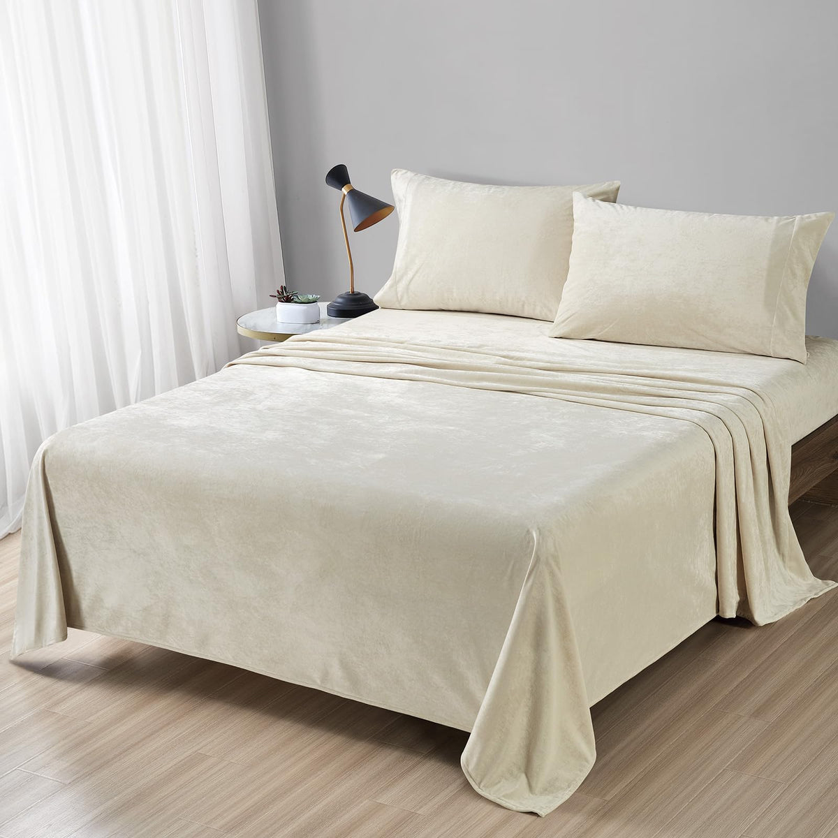 Fredsure Distressed Velvet Sheet Set, 4 Pieces Beige Queen, Ultra Soft, Warm