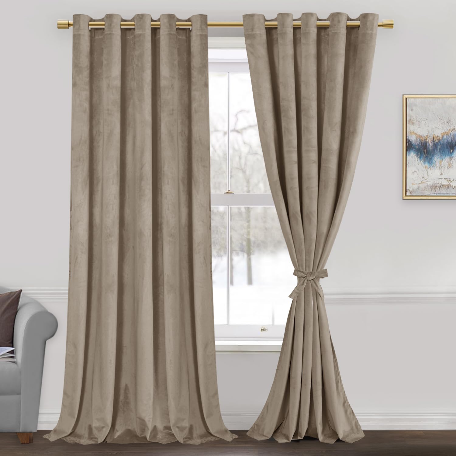 Jiuzhen Taupe Velvet Curtains 108 Inches Blackout Curtains For Living Room - Privacy Protect Room Darkening Grommet Thick Velvet