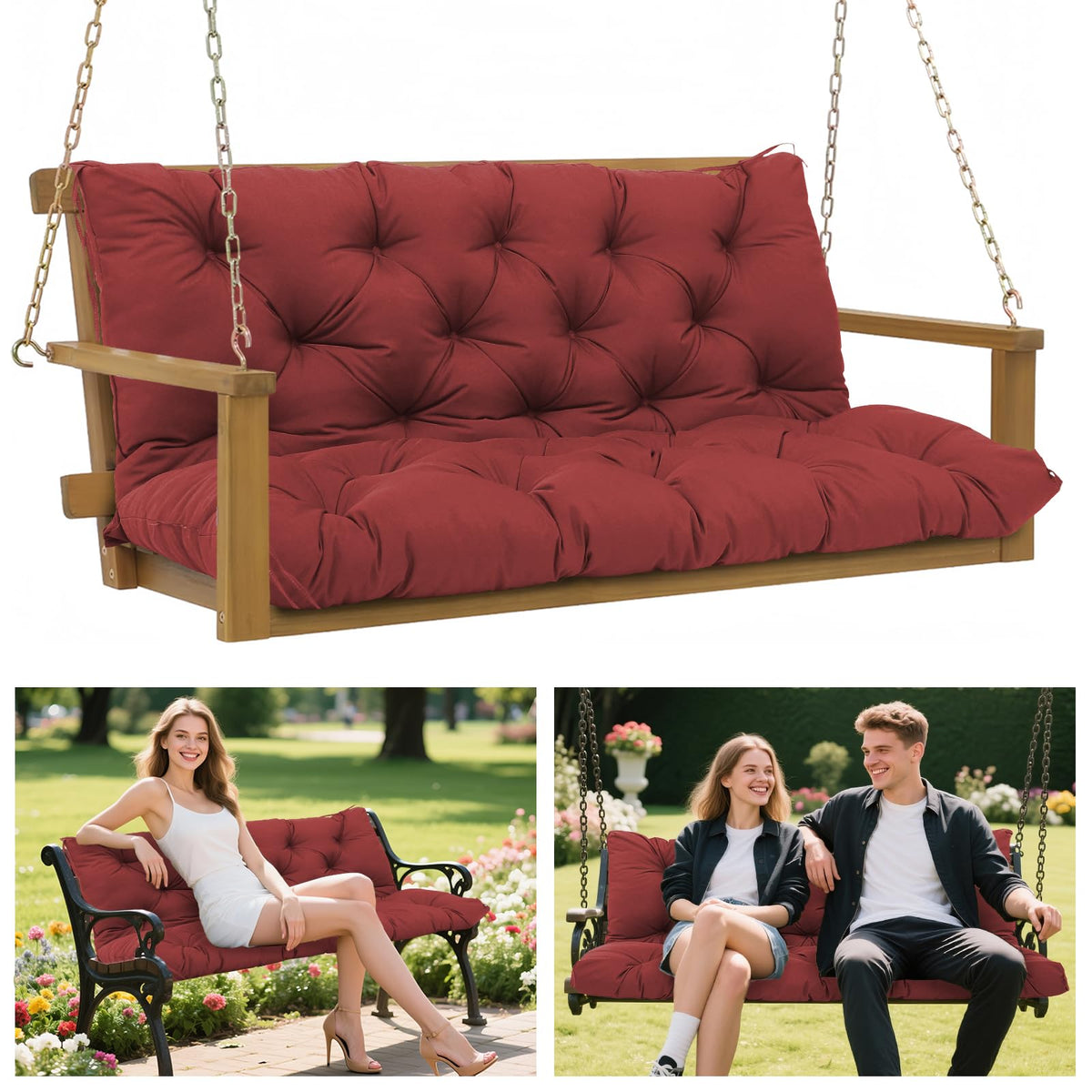 Extra Thick 5' Waterproof Swing Cushions 3 Seater Replacement Outdoor Porch Swing Cushions With Backrest And Ties, Cushions For