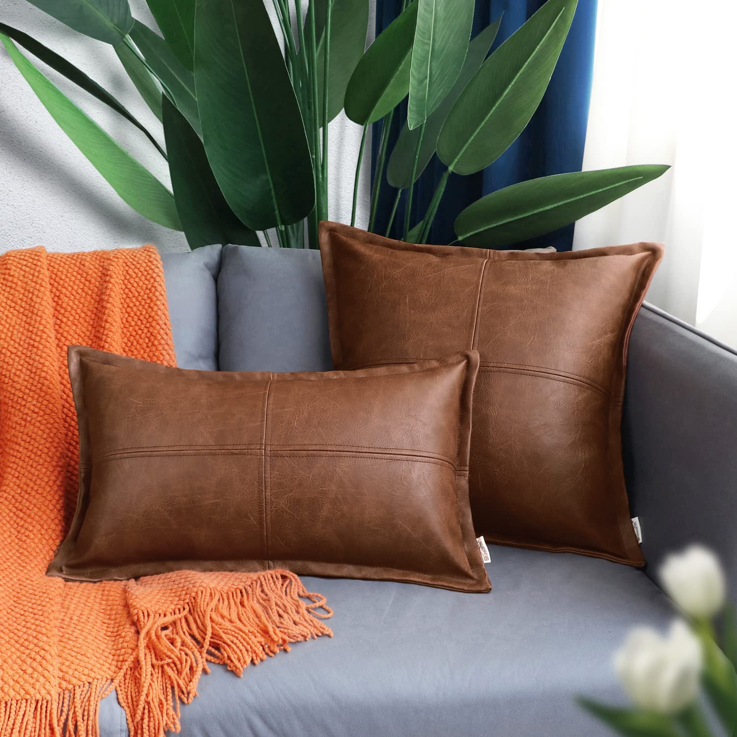 Brawarm Brown Leather Throw Pillow 20 X 20 Inches, Faux Leather Pillow Cover With Piping, Hand Stitched Leather Decorative Throw