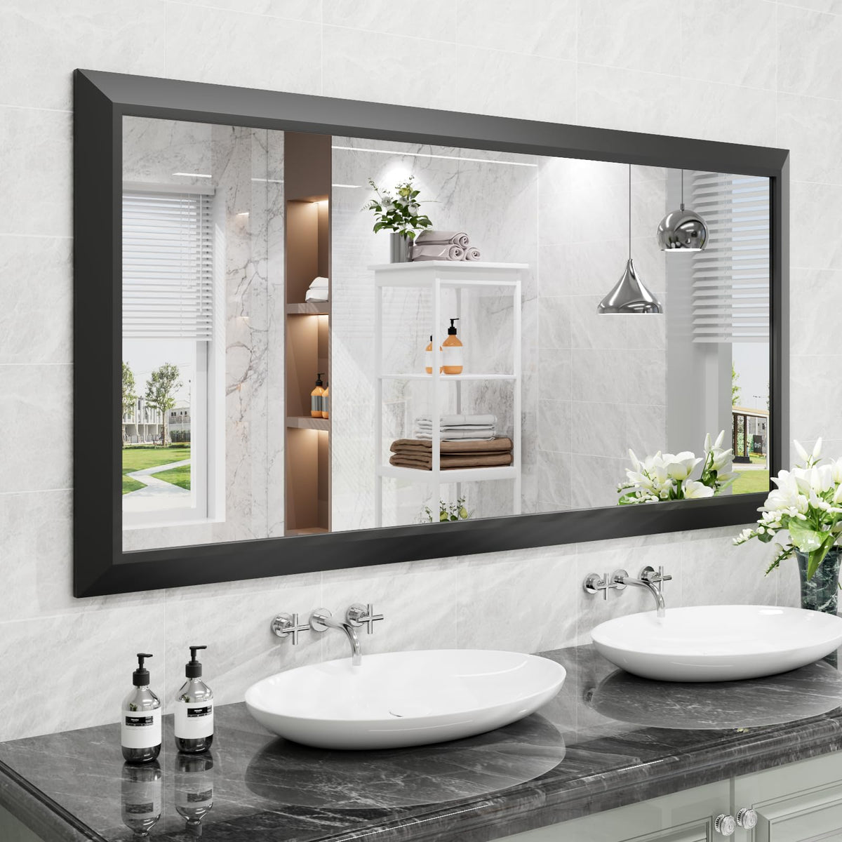 Amorho Black Bathroom Mirror, 60x30 Inch Thick Metal Framed Wall Mirrors for Over 2 Sinks, Bedroom, Living Room, Entryway, Large