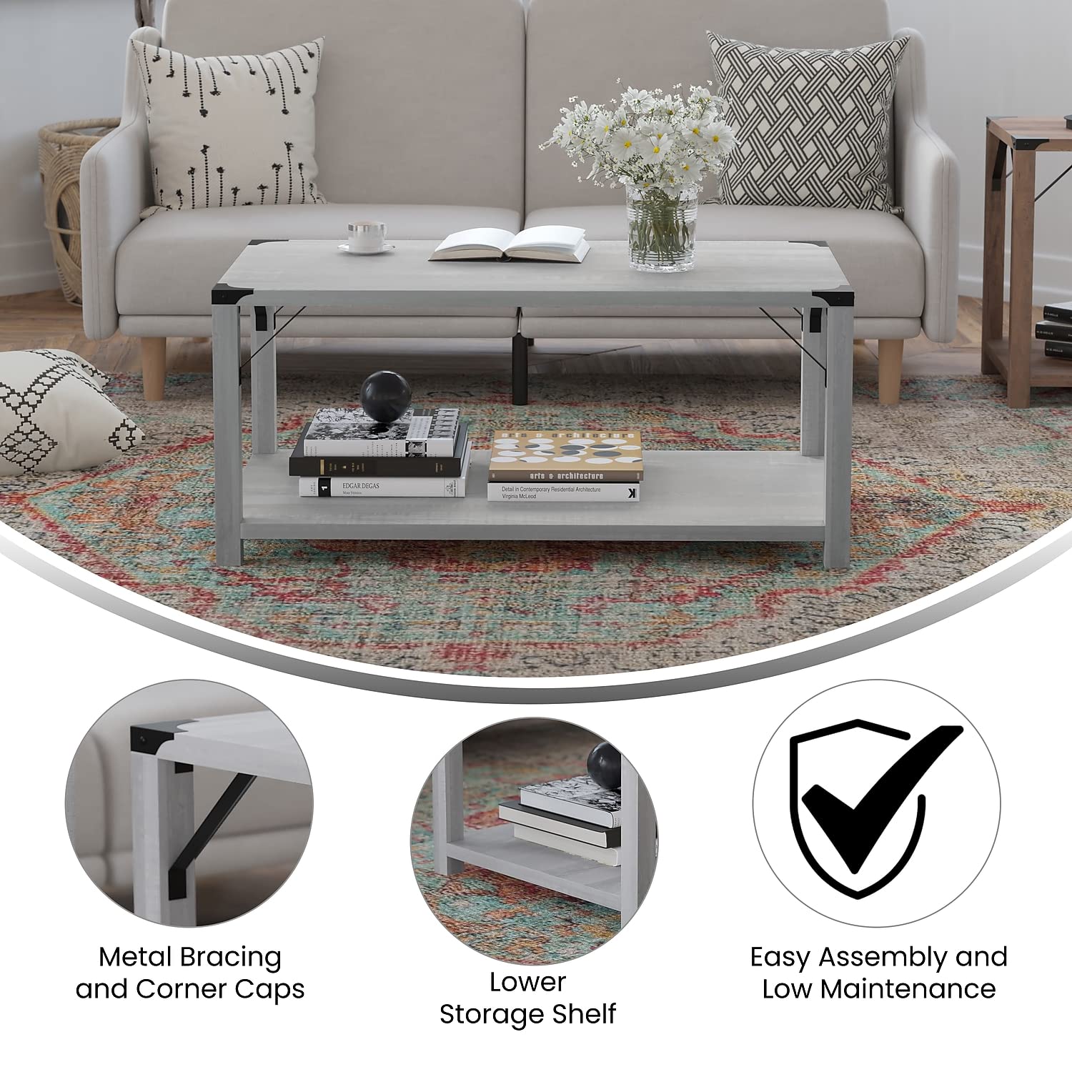 Flash Furniture Wyatt Modern Farmhouse 2 Tier Coffee Table - Aspen Gray Engineered Wood Frame - Black Metal Crisscross Side Braces and Corner Accents