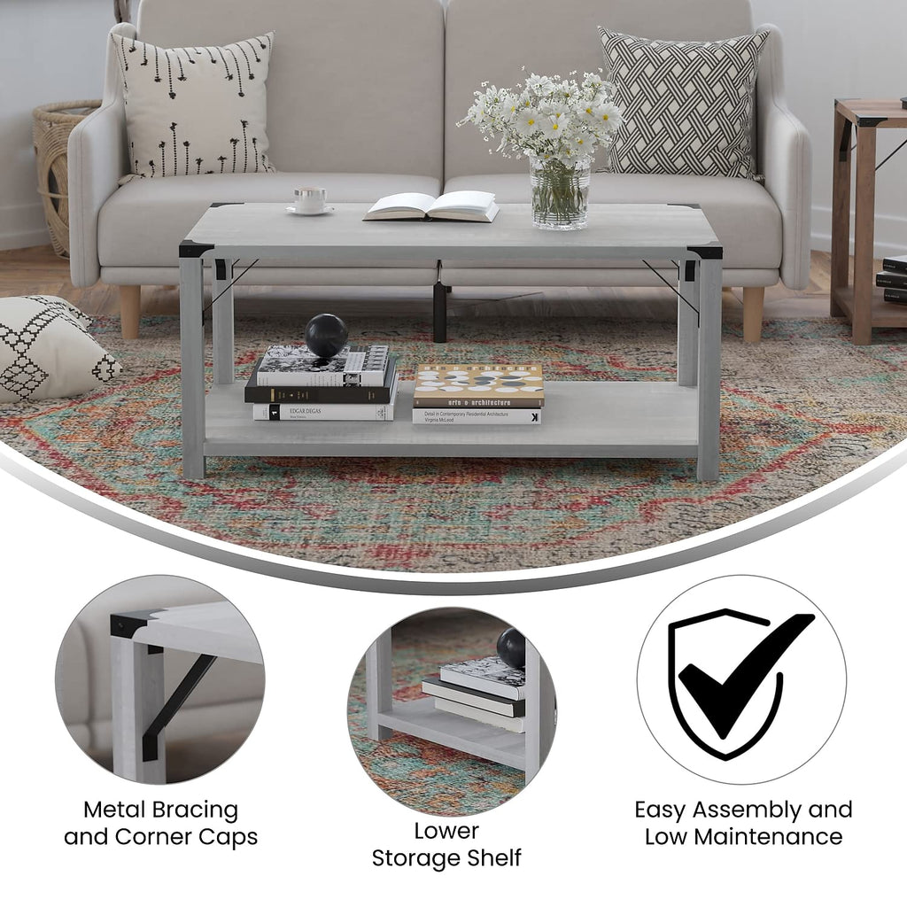 Flash Furniture Wyatt Modern Farmhouse 2 Tier Coffee Table - Aspen Gray Engineered Wood Frame - Black Metal Crisscross Side Braces and Corner Accents