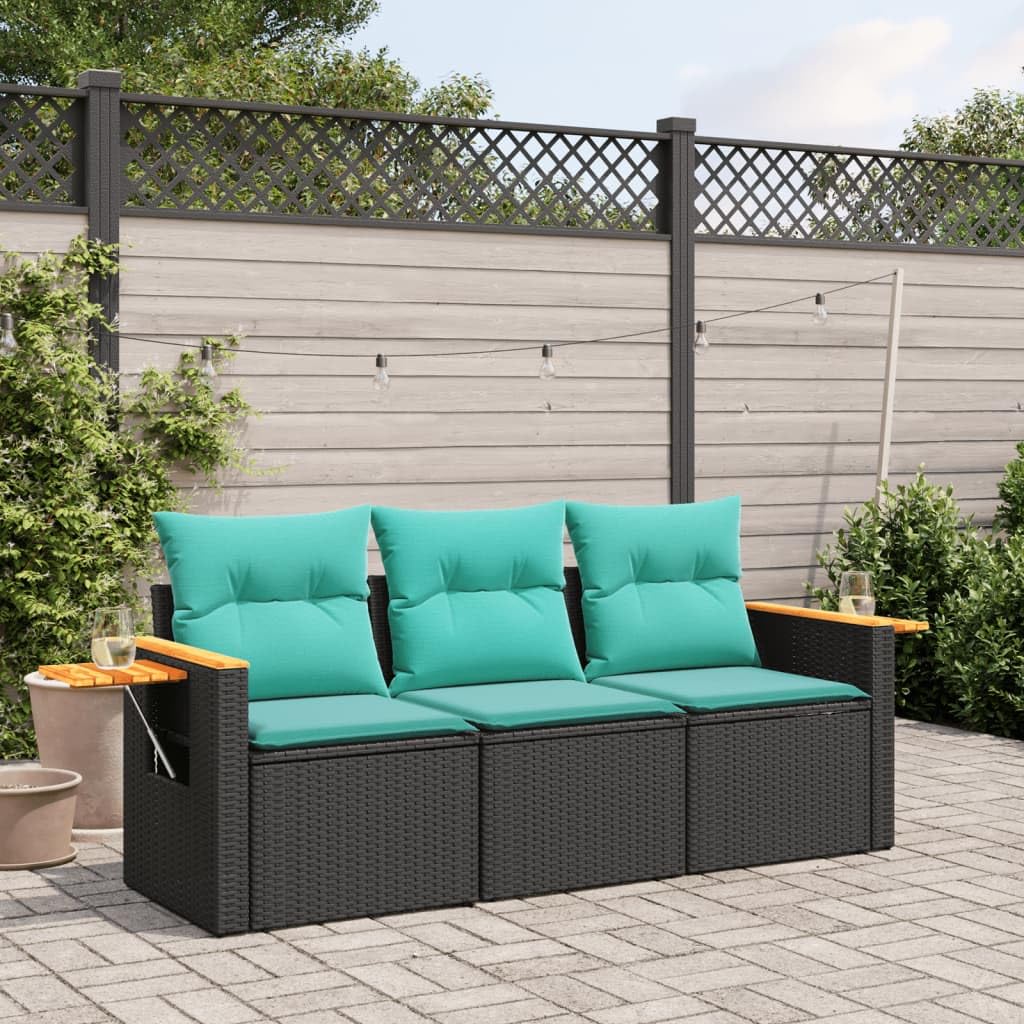 vidaXL Patio Sofa Set with Cushions - 3 Piece Black Poly Rattan Outdoor Furniture with Storage, Side Table - Modular, Weather-Resistant for Garden and Terrace, Blue Cushions