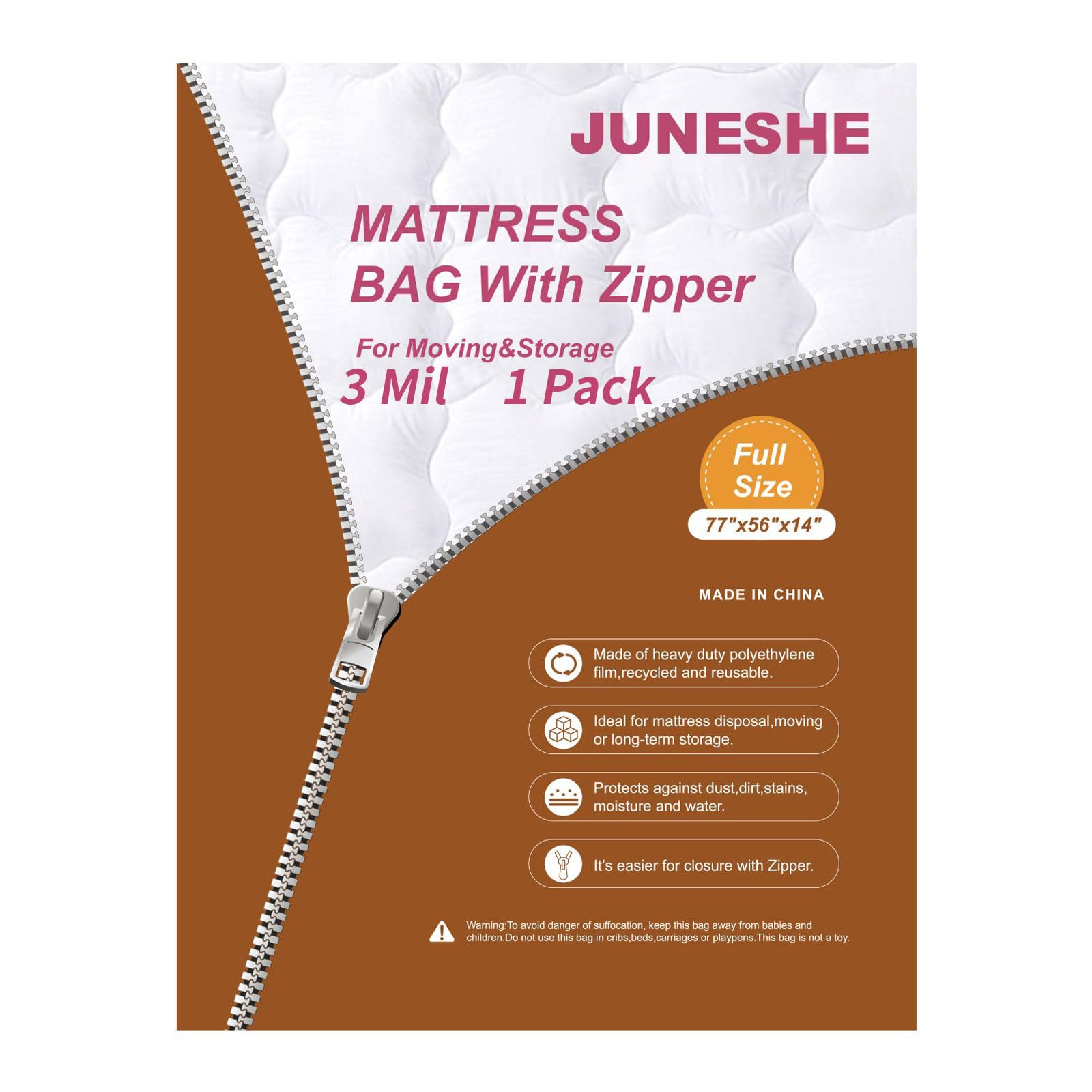 JUNESHE Full Mattress Bags Cover for Moving and Storage-3 Mil Zipper Plastic Waterproof Wrap Protector Reusable Storage Bag