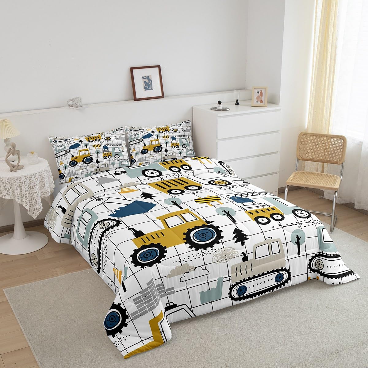 Feelyou Construction Comforter Set Queen Size Kids Excavator Tractor Toddler Comforter Cartoon Car Equipment Trucks Plaid Grid C