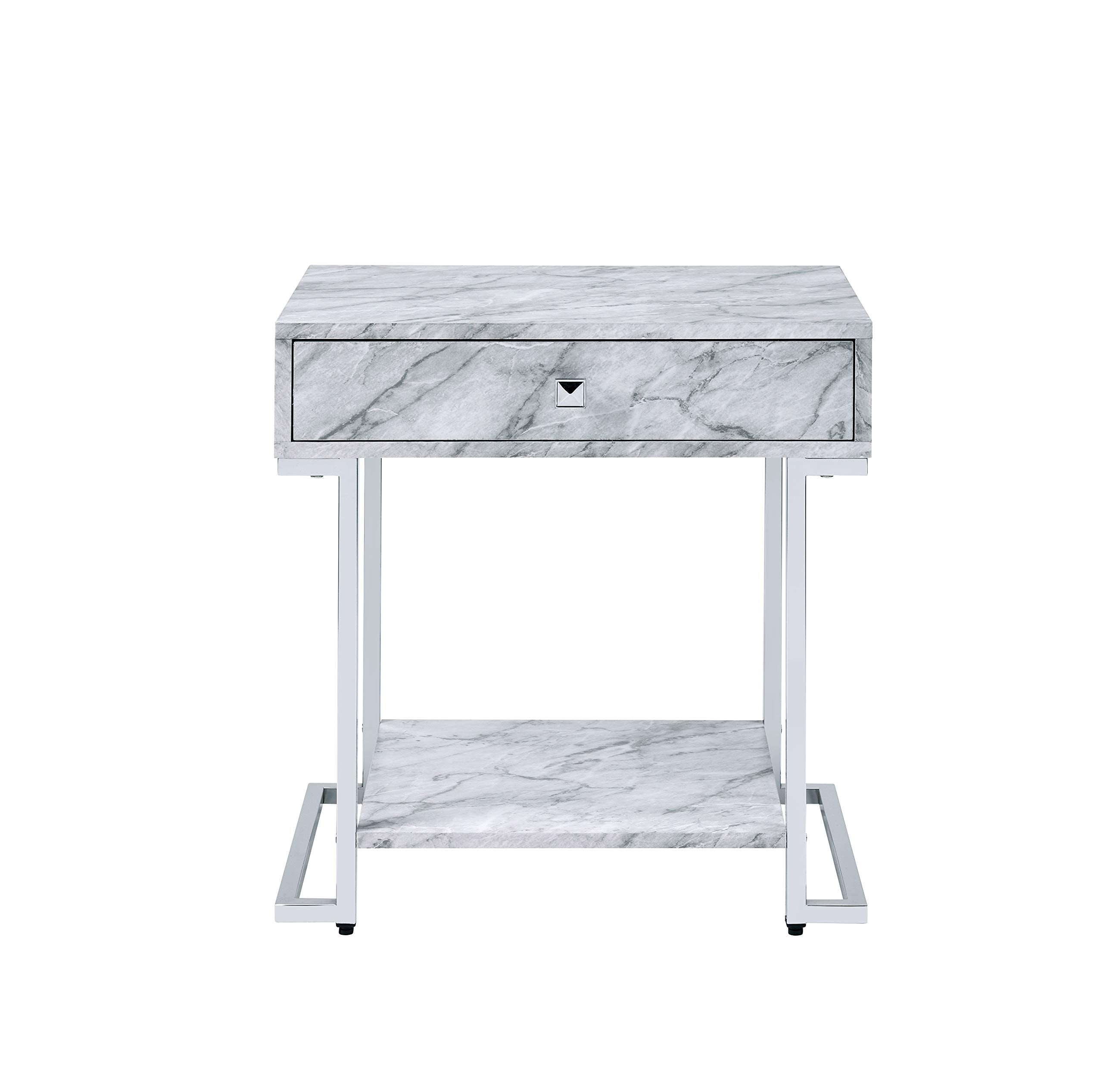 Acme Wither Faux Marble 1-Drawer Nightstand with Metal Base in White and Chrome