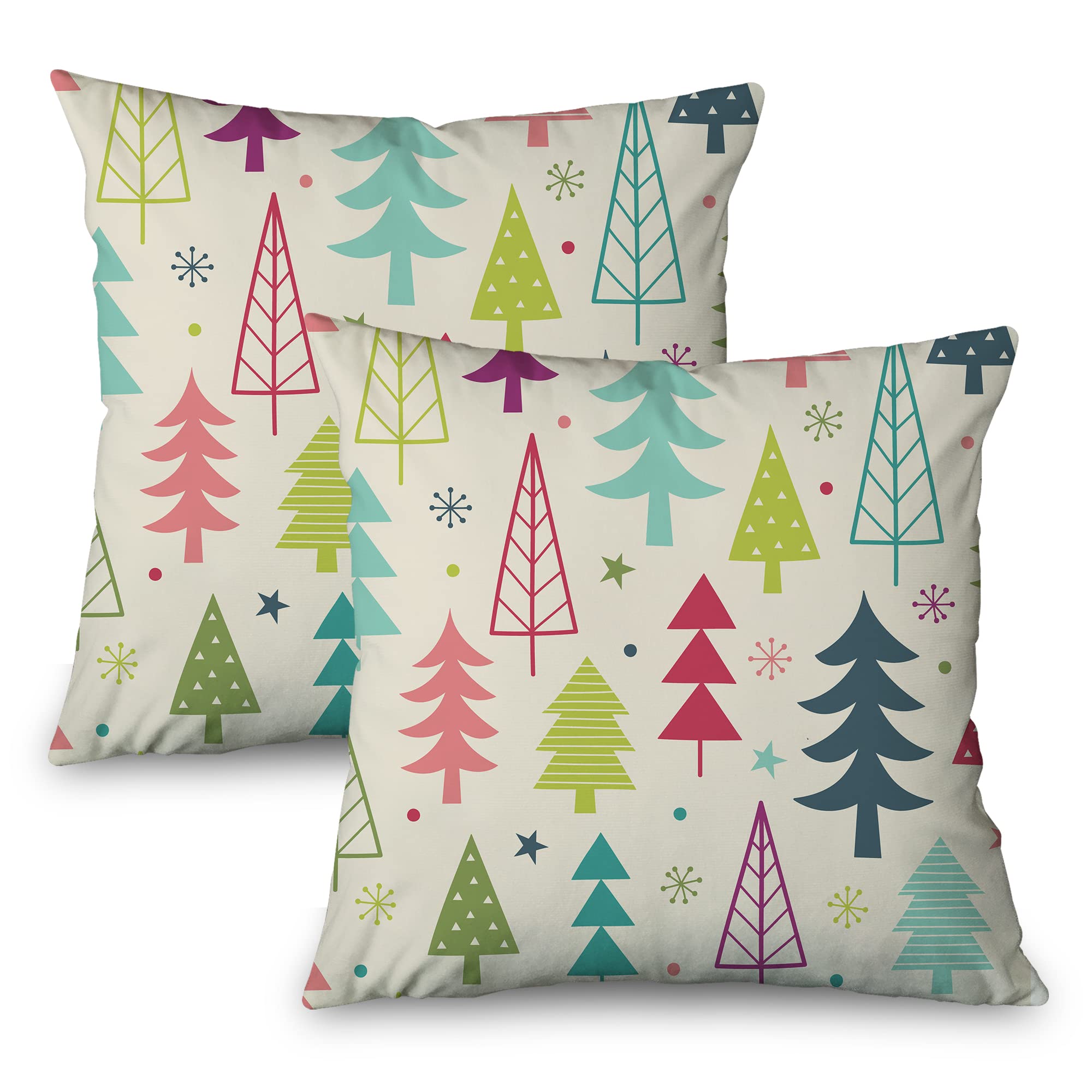 Decorative Throw Pillow Cover Square 18X18 Set Of 2, Colorful Christmas Tree Cute Winter Holiday Abstract Art Holidays Farmhouse