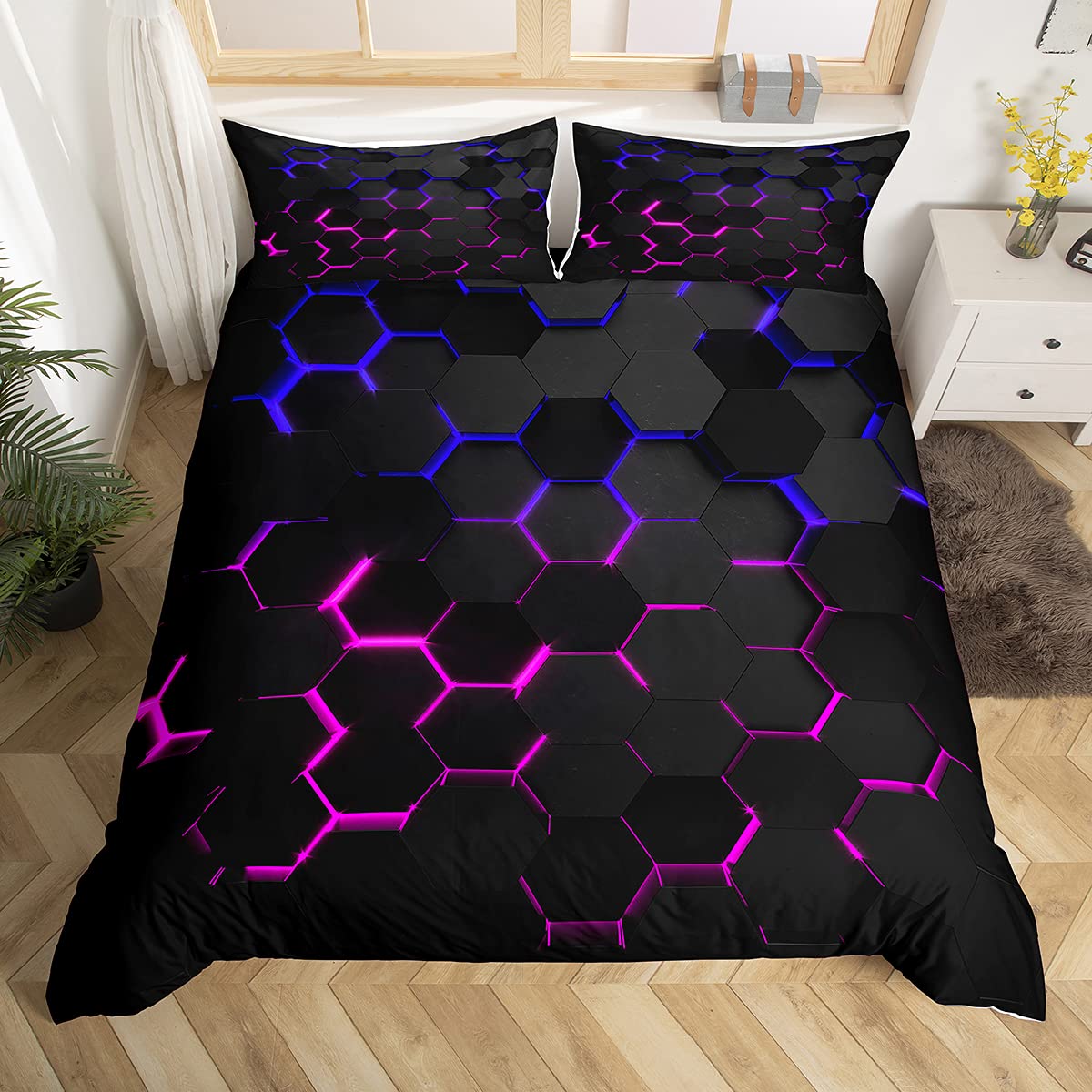 3D Honeycomb Duvet Cover Set Twin Size For Kids Geometry Hexagon Bedding Sets With With 1 Pillowcase, Pink Blue Neon Lights Prin