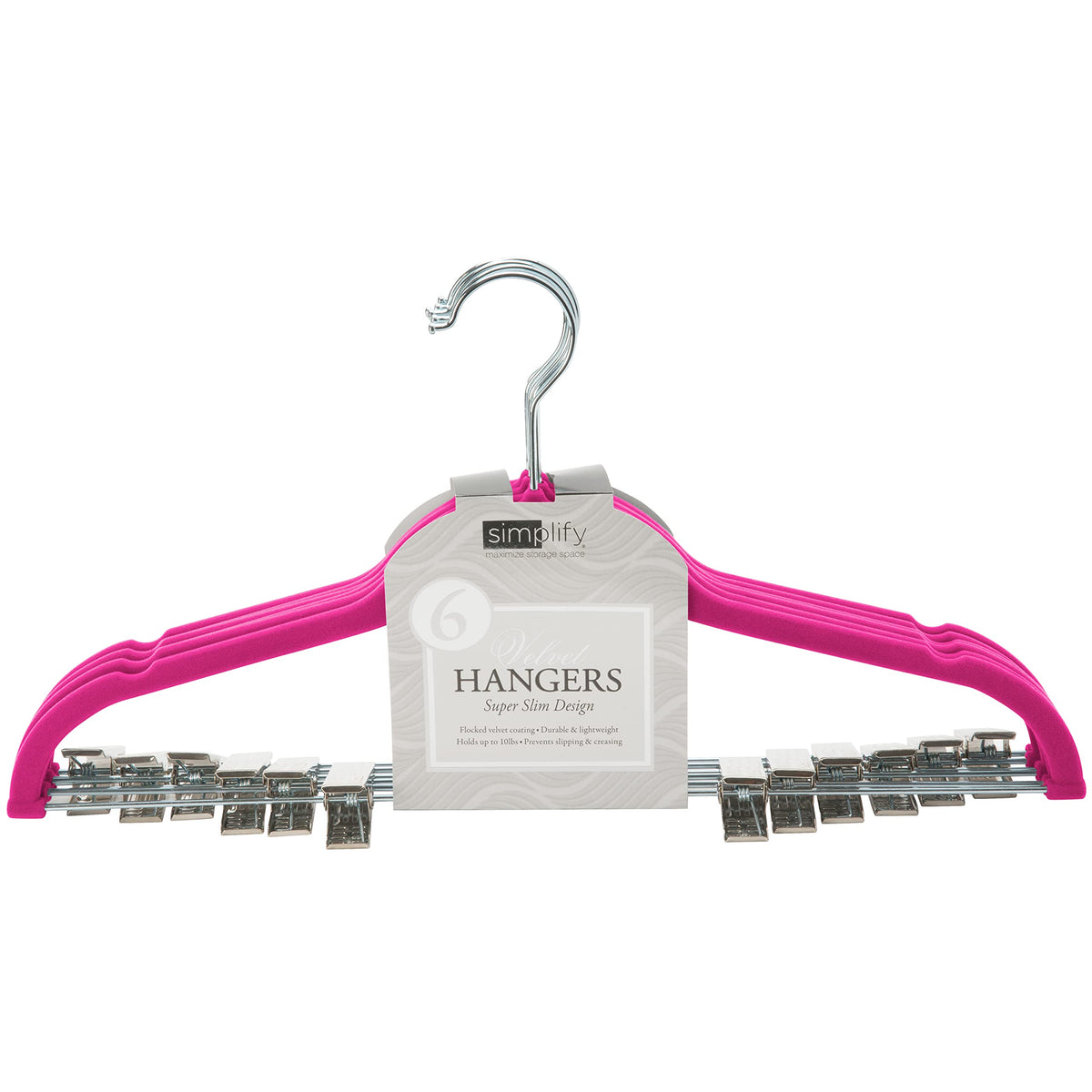 Simplify 6 Pack Slim Velvet Hangers with Skirt or Pant Clips, Space Saver, Prevent Garment Creases, Swivel Neck, Durable, Fuchsi