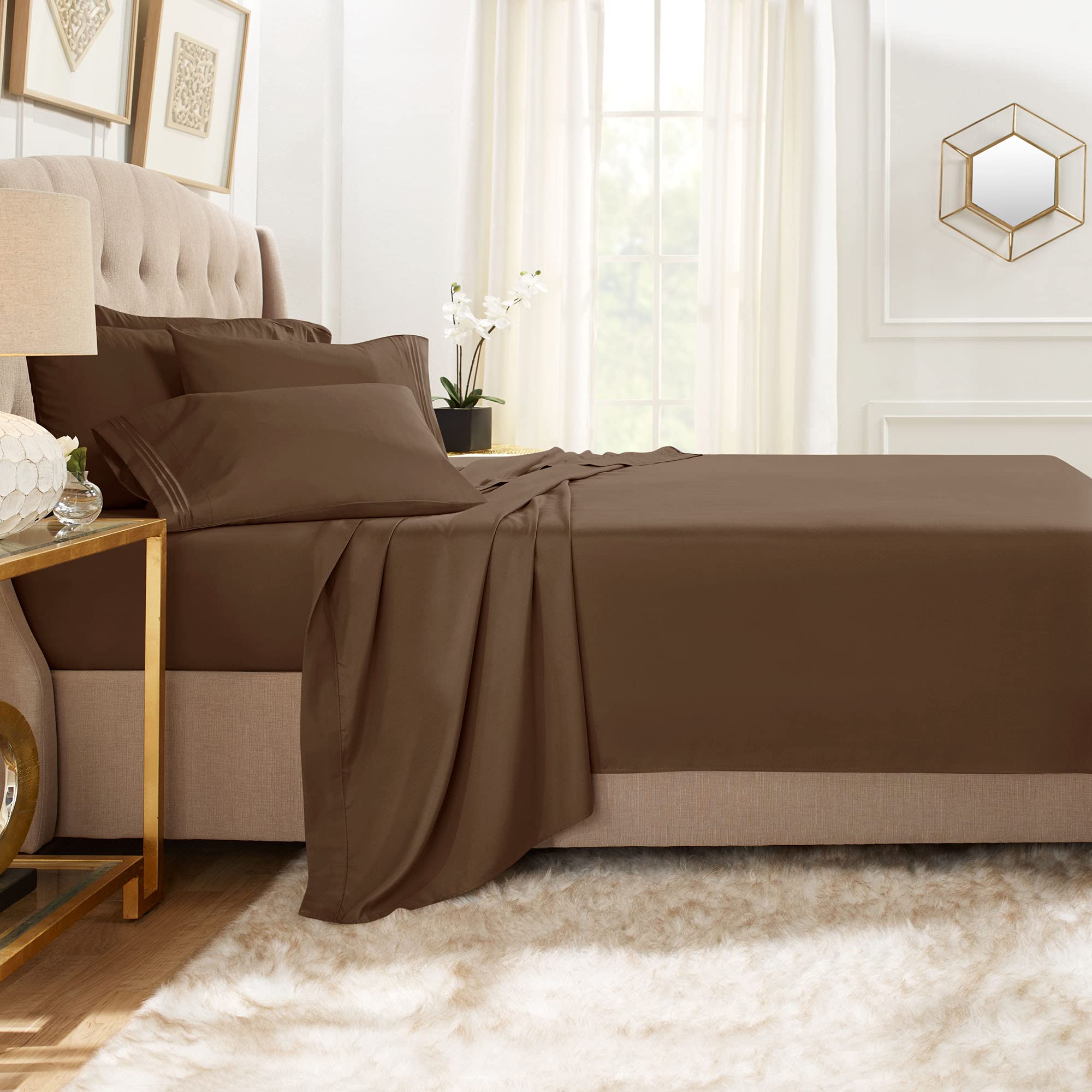 Clara Clark Cal King Sheets, 6 Piece Set - Hotel Luxury Sheets For Cal King Size Bed, Super Soft Bedding Sheets & Pillowcases, Cal King Size Sheets, Chocolate Brown
