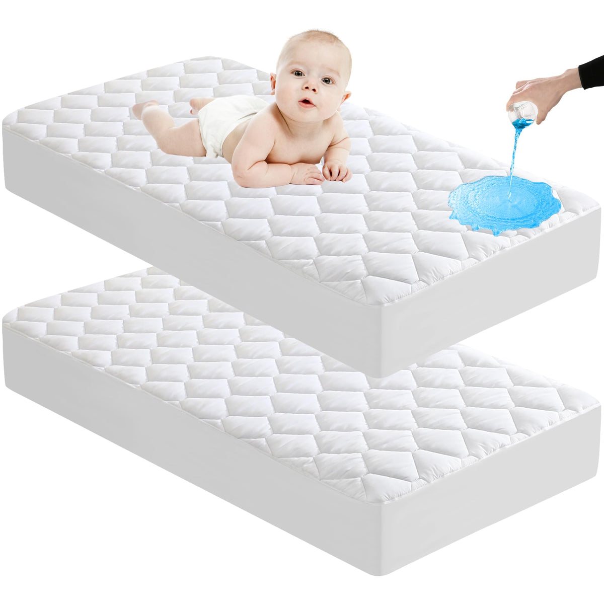 Lunsing 2 Pack Waterproof Crib Mattress Protector, Soft Breathable Crib Size Mattress Pad Cover, 3-10 Inches Deep Pocket, White