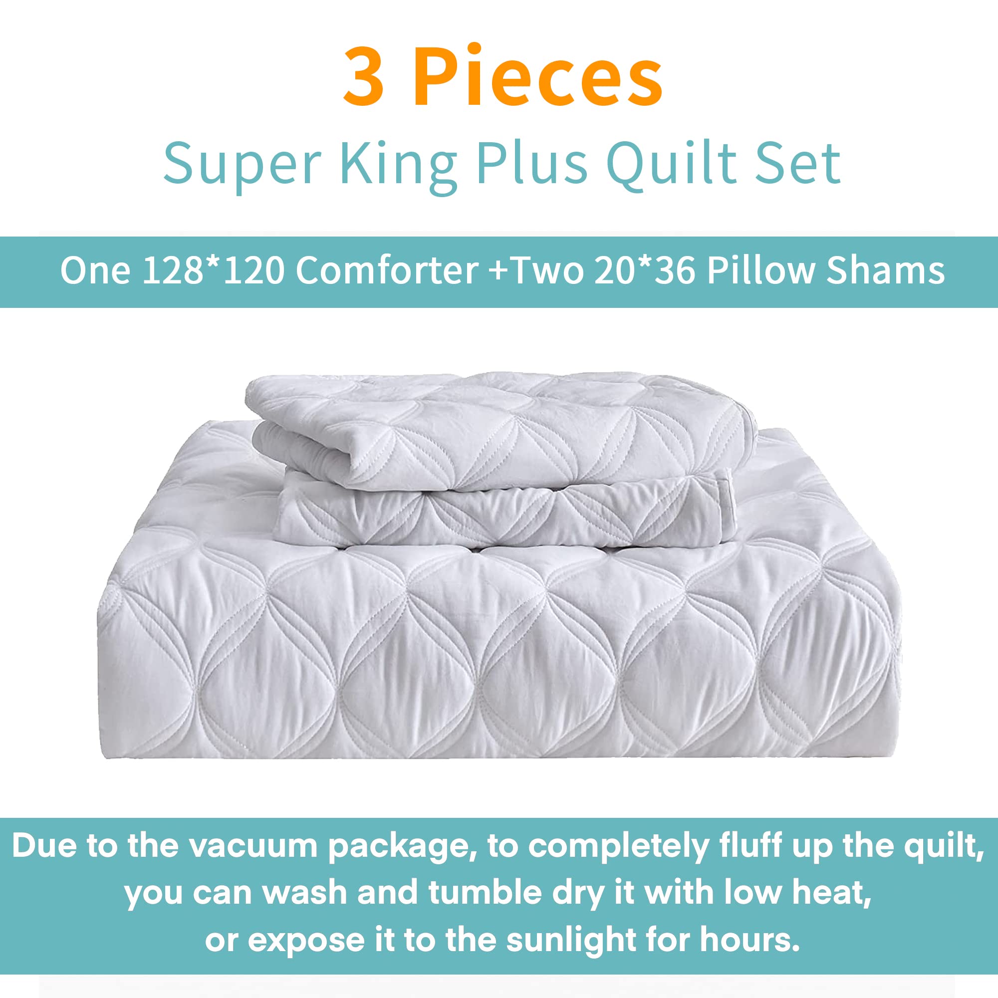 Litanika Oversized Quilt Set Diamond Stitch White Lightweight Microfiber Super King Plus 128x120