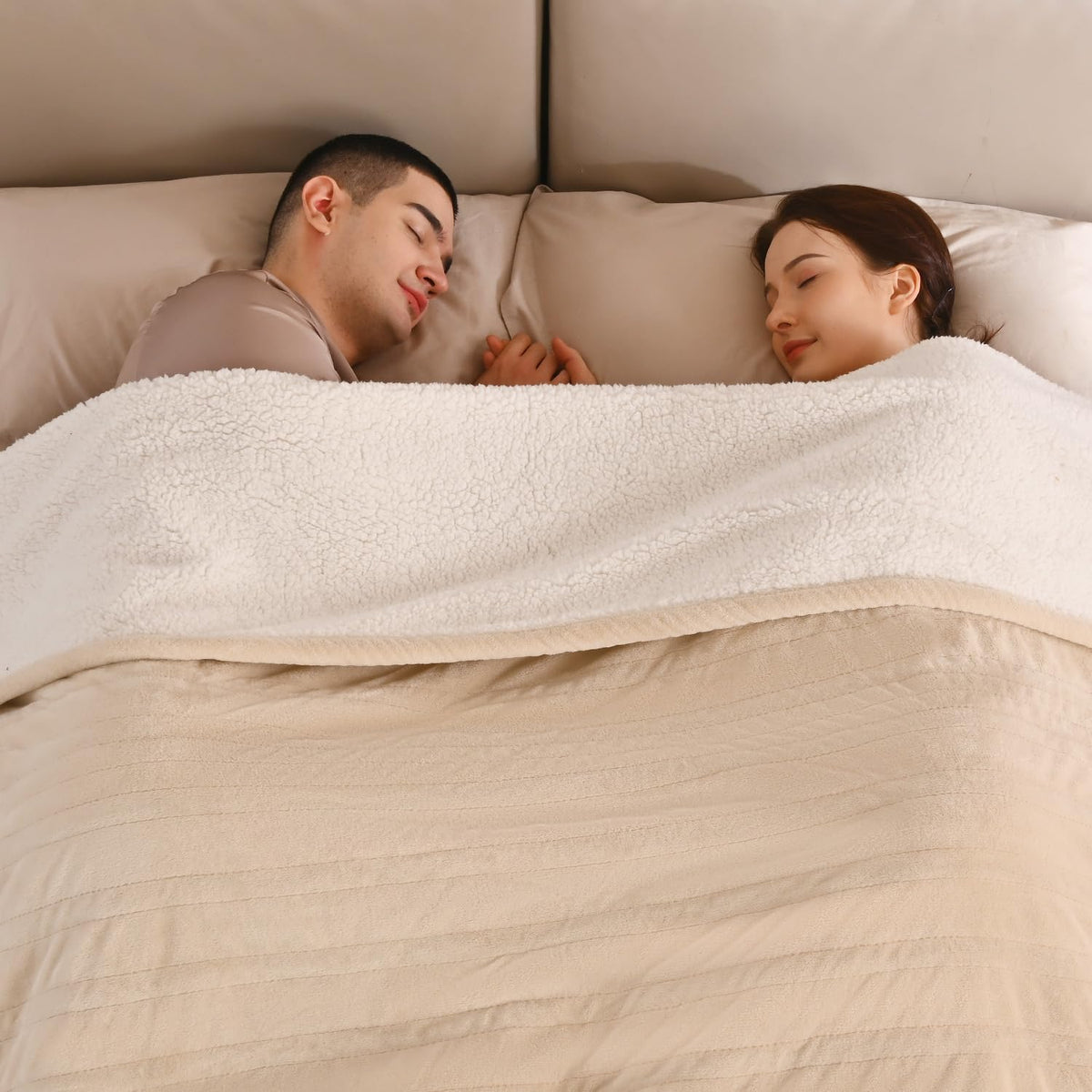 Bearhug Electric Blanket King Size 100' X 90', Dual Controller Heated Blanket Beige, Velvet & Sherpa, 10-Heat Levels & 1-12H A
