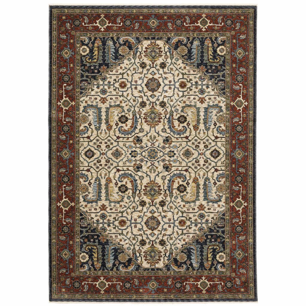 HomeRoots 508036 8 x 11 ft. Ivory Beige Red Blue Gold Green & Navy Oriental Power Loom Stain Resistant Rectangle Area Rug with Fringe