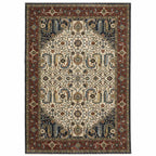 HomeRoots 508036 8 x 11 ft. Ivory Beige Red Blue Gold Green & Navy Oriental Power Loom Stain Resistant Rectangle Area Rug with Fringe