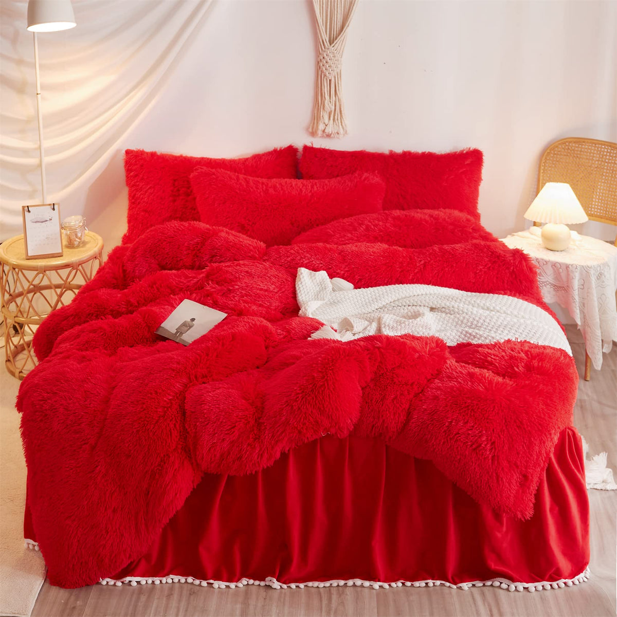 Haihua Fluffy Red Comforter Cover Set Queen,Faux Fur Red Bedding 3 Pieces(1 Plush Queen Duvet Cover +2 Faux Fur Pillowcases) Fau