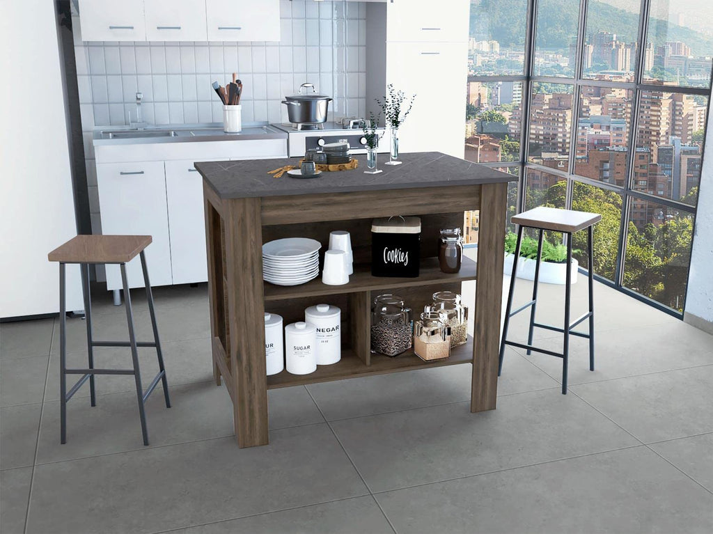 Kitchen Island, Kitchen Table 35" H, 4 Legs, 3 Open Storage Shelves, Dark Brown/Onix