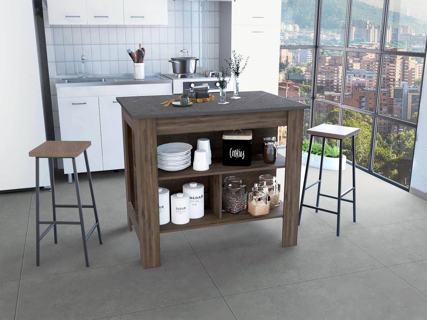 Kitchen Island, Kitchen Table 35" H, 4 Legs, 3 Open Storage Shelves, Dark Brown/Onix