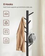 VASAGLE Solid Wood Coat Rack, Free Standing Tree-Shaped Design, 8 Hooks, Black, 68.9 Inches Tall, Ideal for Living Room, Bedroom, Home Office