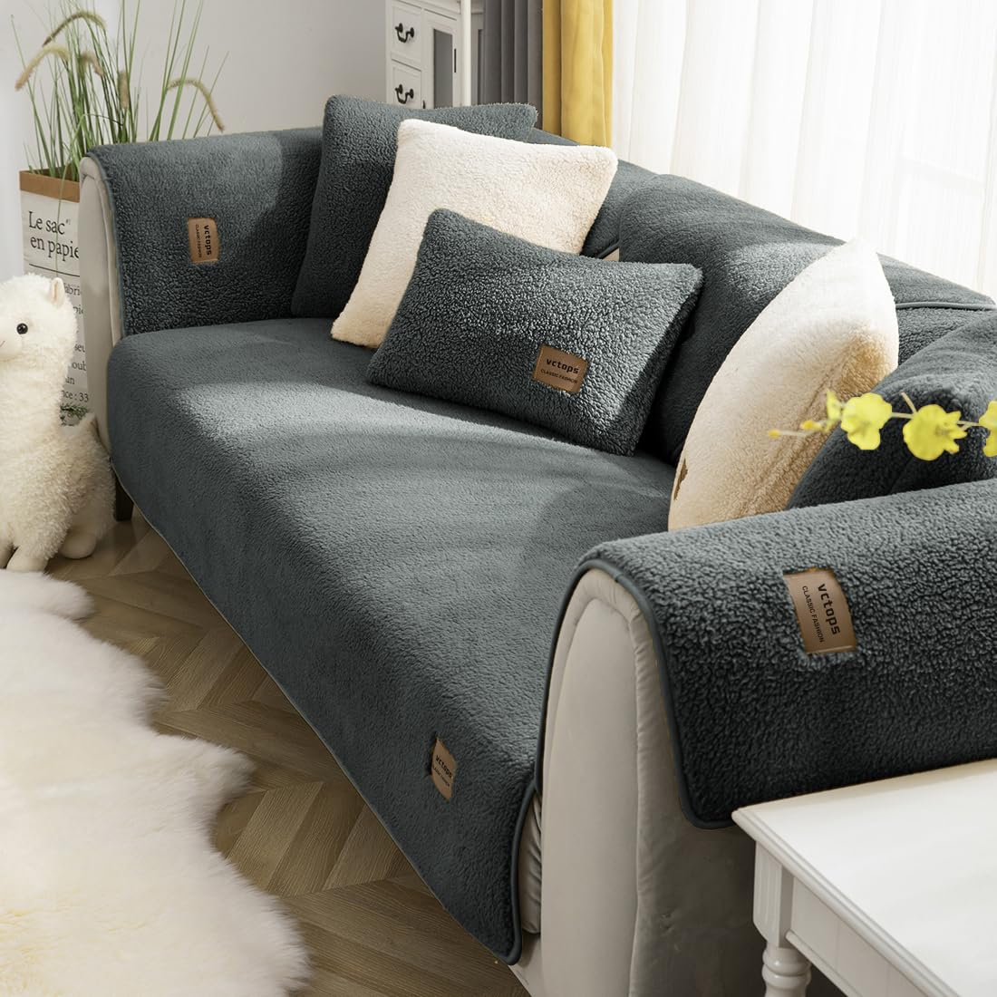 vctops Sherpa Fleece Sofa Couch Covers Super Soft Warm Plush Sectional Couch Cover Luxury Fuzzy Furry Non Slip Sofa Slipcover Fu