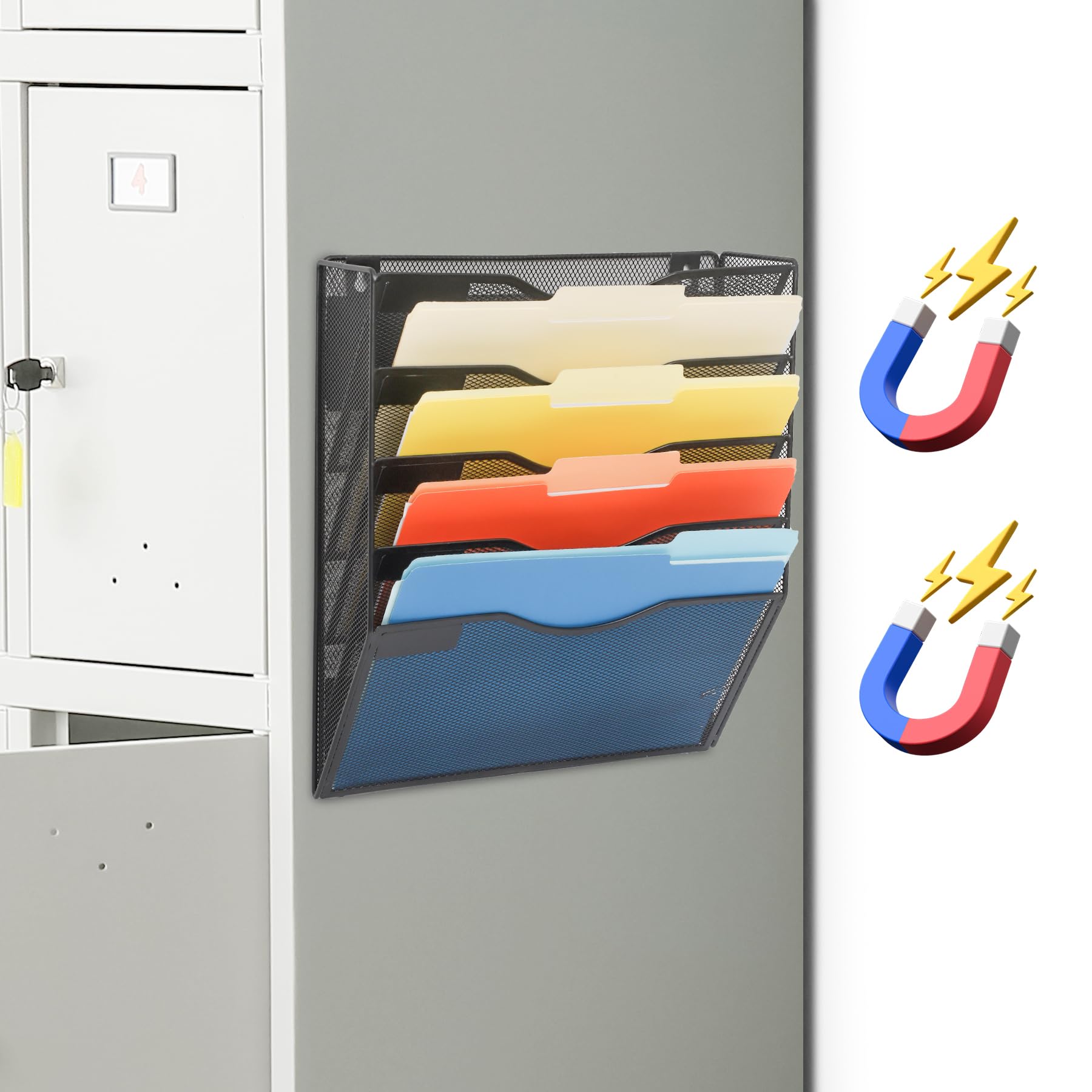 Easepres Magnetic 5 Pocket Mesh Hanging File Organizer, Wall Mounted Mail Paper Document Folder Holder, Clipboard Storage Organi