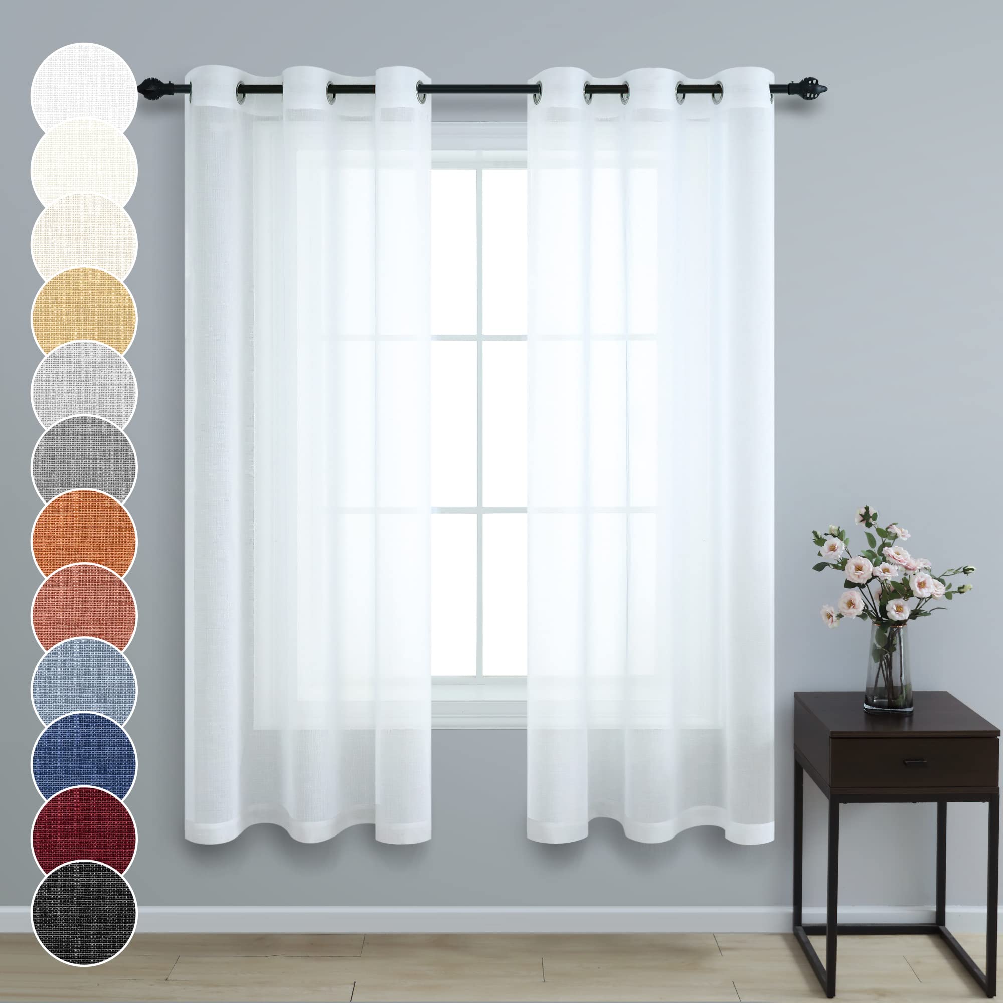 White Curtains 38 Inch Width for Kitchen Windows 2 Panel Sets Grommet Top Soft Light Airy Faux Linen Textured Cafe Tier Short Sh