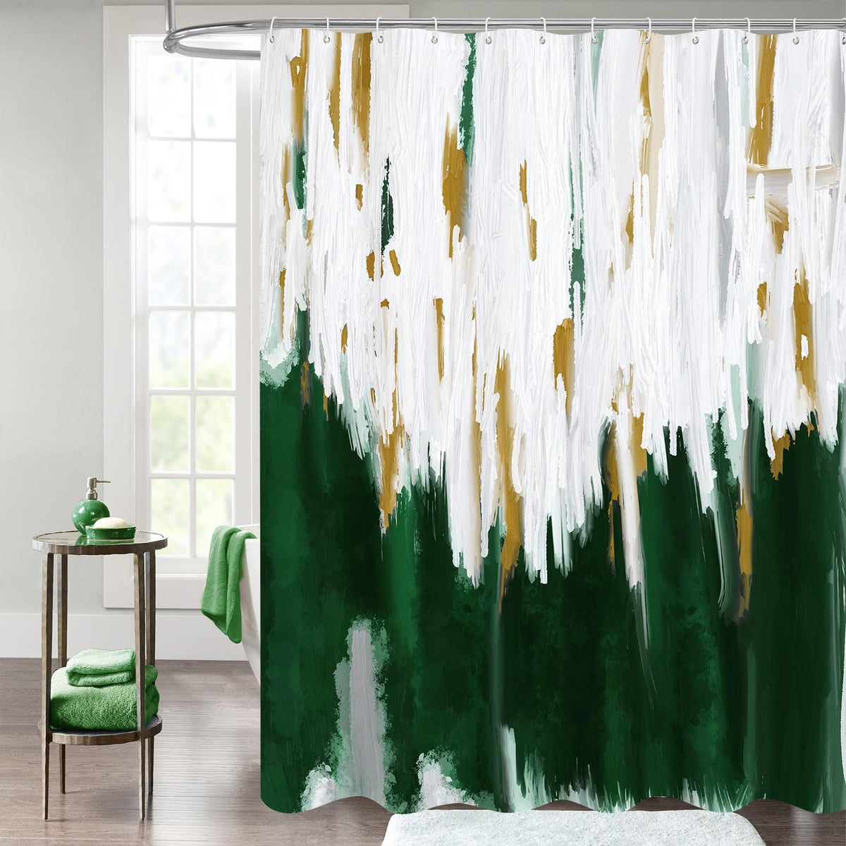 Mitovilla Dark Green Shower Curtains For Chic Modern Abstract Bathroom Decor, Emerald Green Fabric Shower Curtain, Brush Strokes