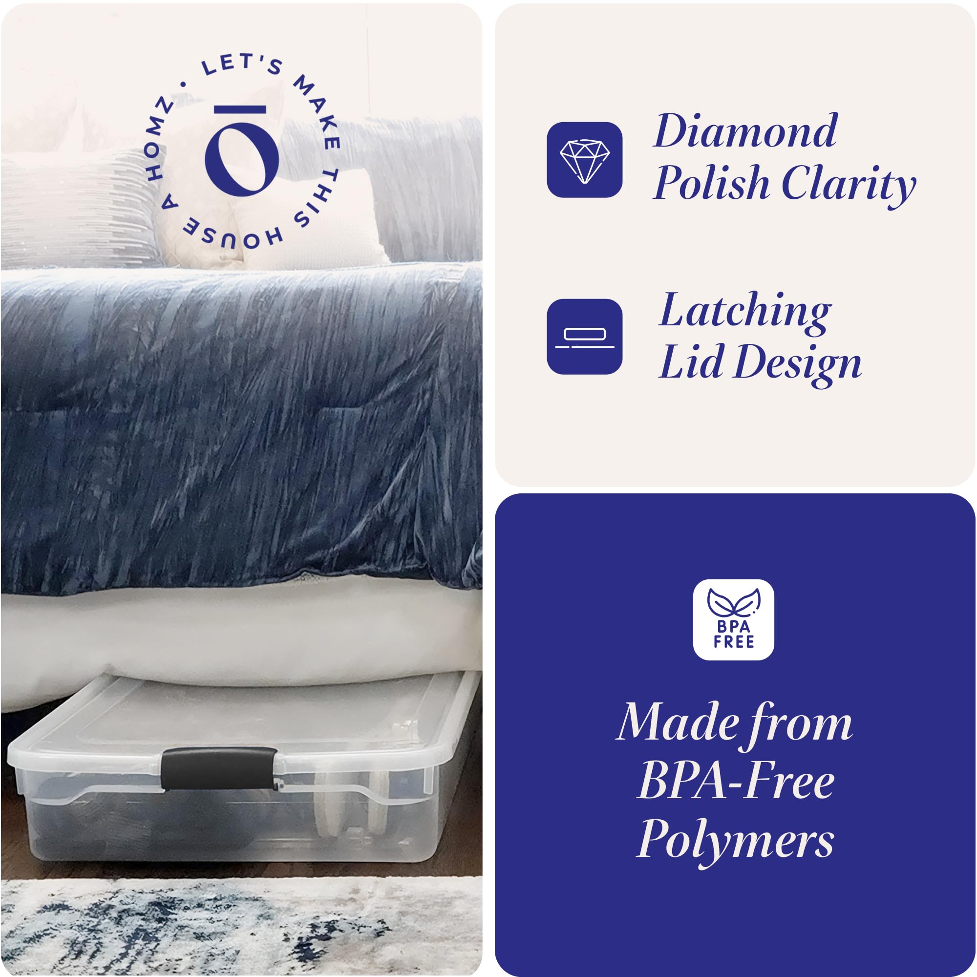 Homz 60 Quart Multipurpose Slim Under Bed Storage Container Bins W/Secure Latch Lid & Wheels For Underbed, Home Or Office Organi