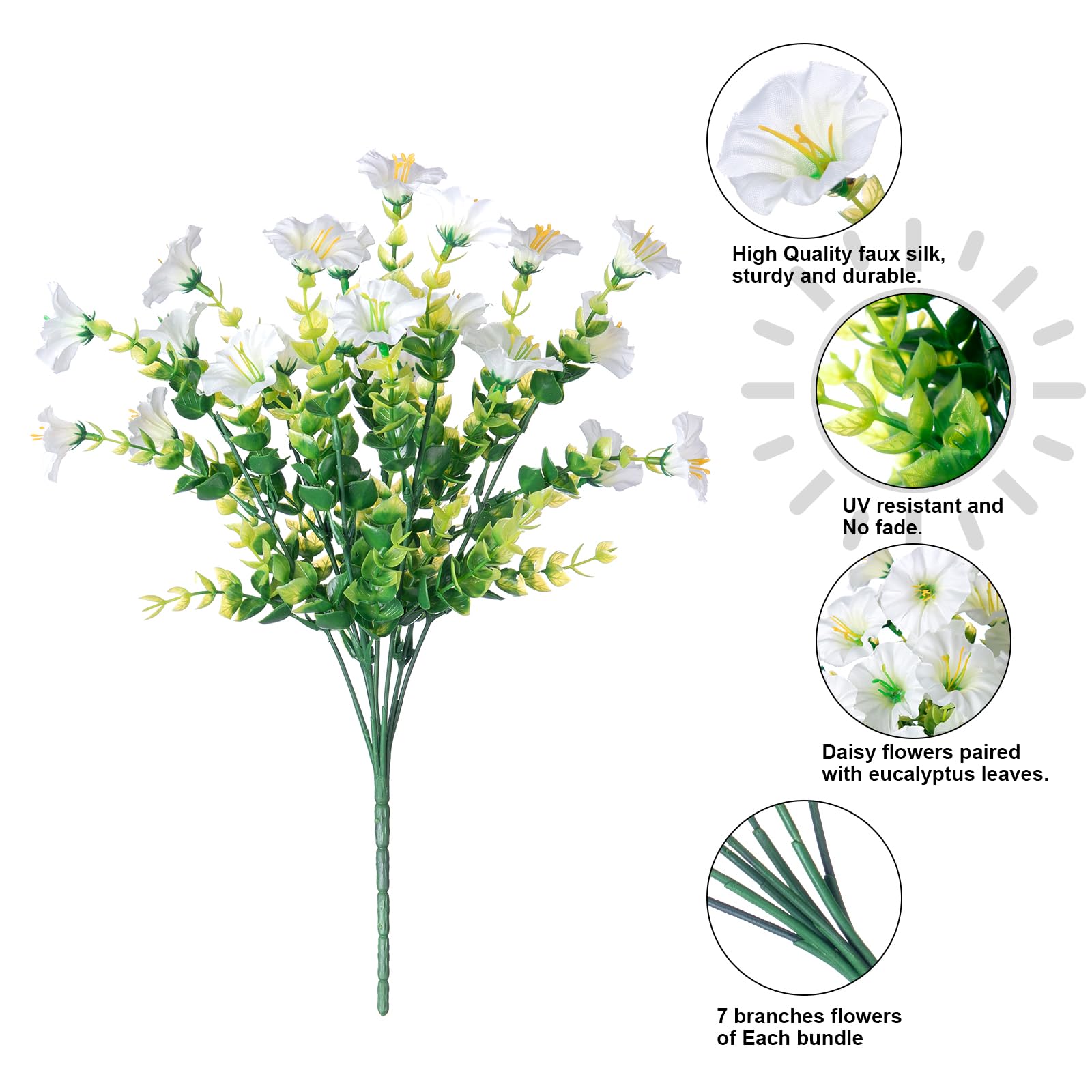 Ivydale Artificial Fake Outdoor Outside Plants Flowers For Fall Winter, 12 Bundles Faux Silk White Morning Glory Look Real Uv Re