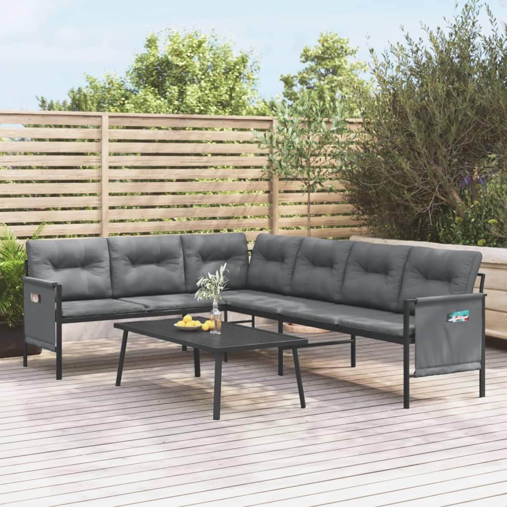 vidaXL Outdoor Patio Corner Sofa in Anthracite, Sturdy Steel Material with E-Coating & Powder Coating, Comfortable Thick Padded Cushions, Convenient Side Storage Bags