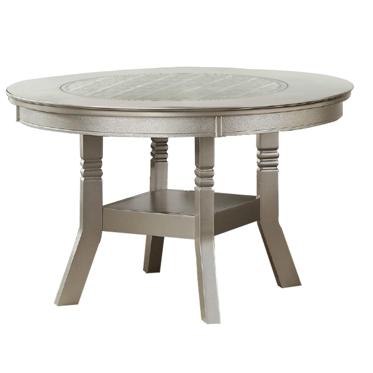 Benjara Round Wooden Dining Table with Glass Inserted Top, Silver