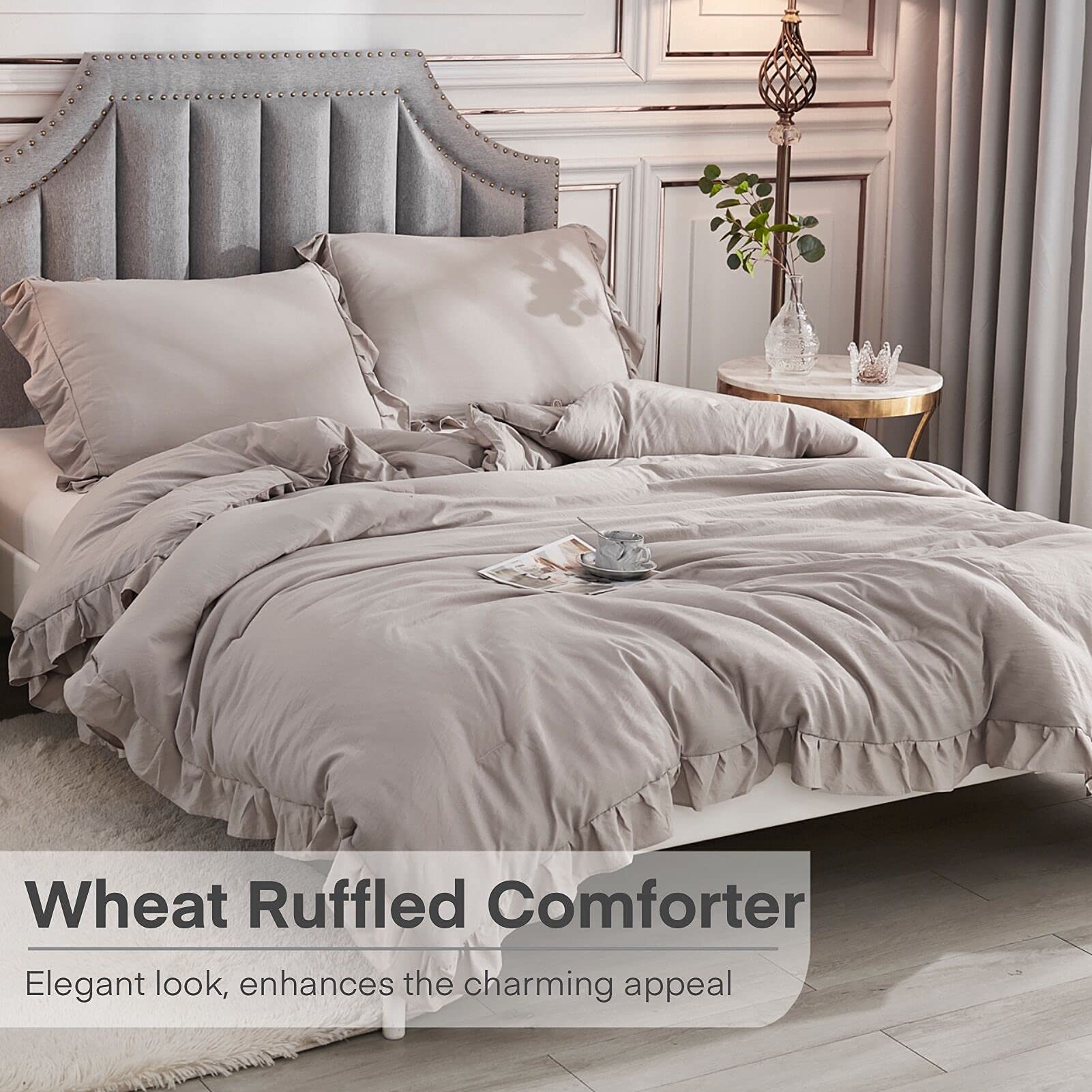 Andency Wheat Ruffled Comforter King(104X90Inch), 3 Pieces(1 Ruffle Comforter And 2 Pillowcases) Vintage Ruffle Fringe Comforter, Farmhouse Rustic Microfiber Down Alternative Bedding Comforter Set